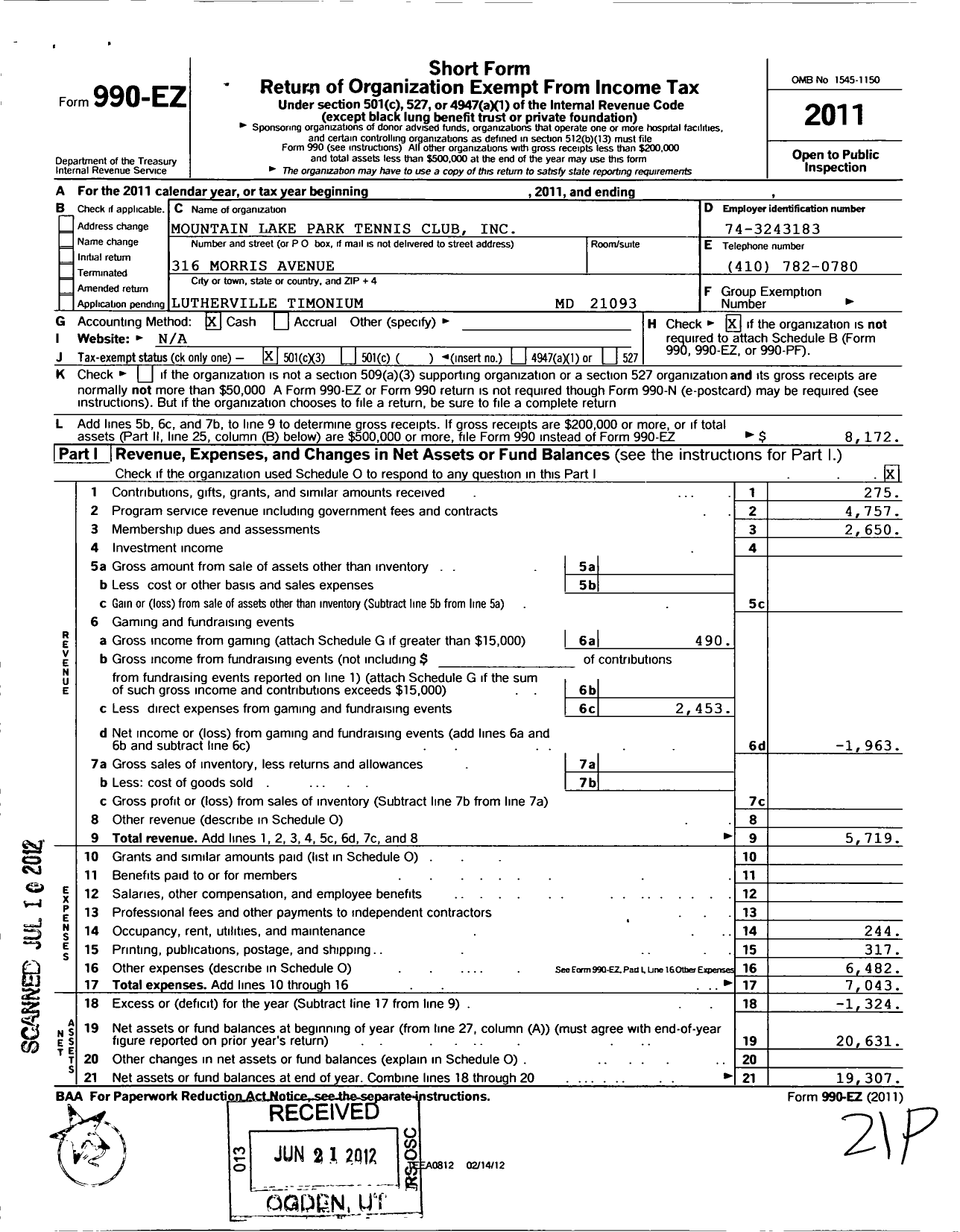 Image of first page of 2011 Form 990EZ for Mountain Lake Park Tennis Club