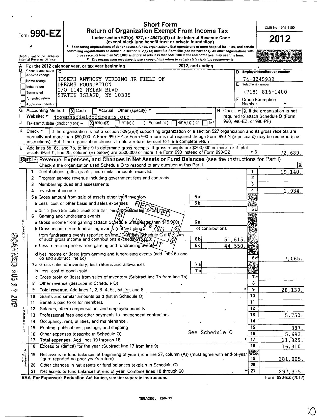 Image of first page of 2012 Form 990EZ for Joseph Anthony Verdino JR Field of Dreams Foundation
