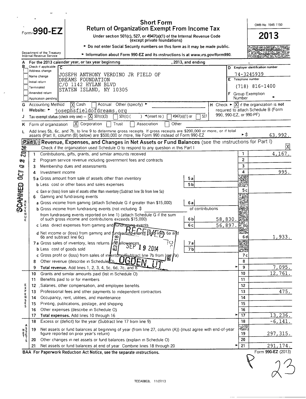 Image of first page of 2013 Form 990EZ for Joseph Anthony Verdino JR Field of Dreams Foundation