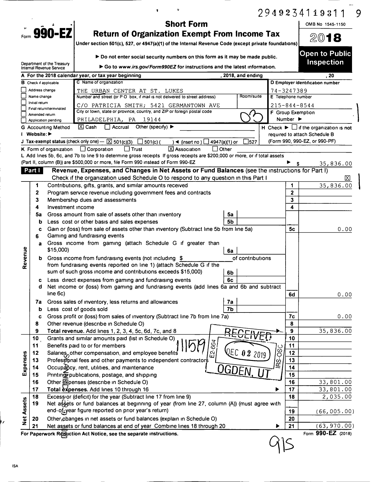 Image of first page of 2018 Form 990EZ for Urban Center at St Lukes