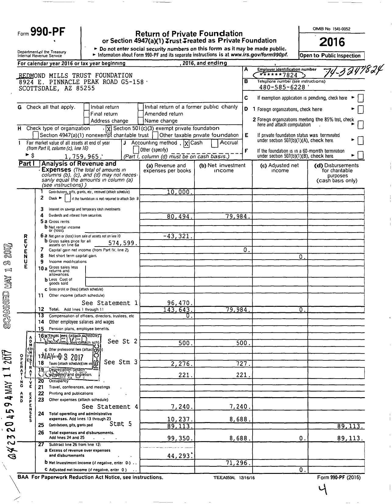 Image of first page of 2016 Form 990PF for Redmond Mills Trust Foundation