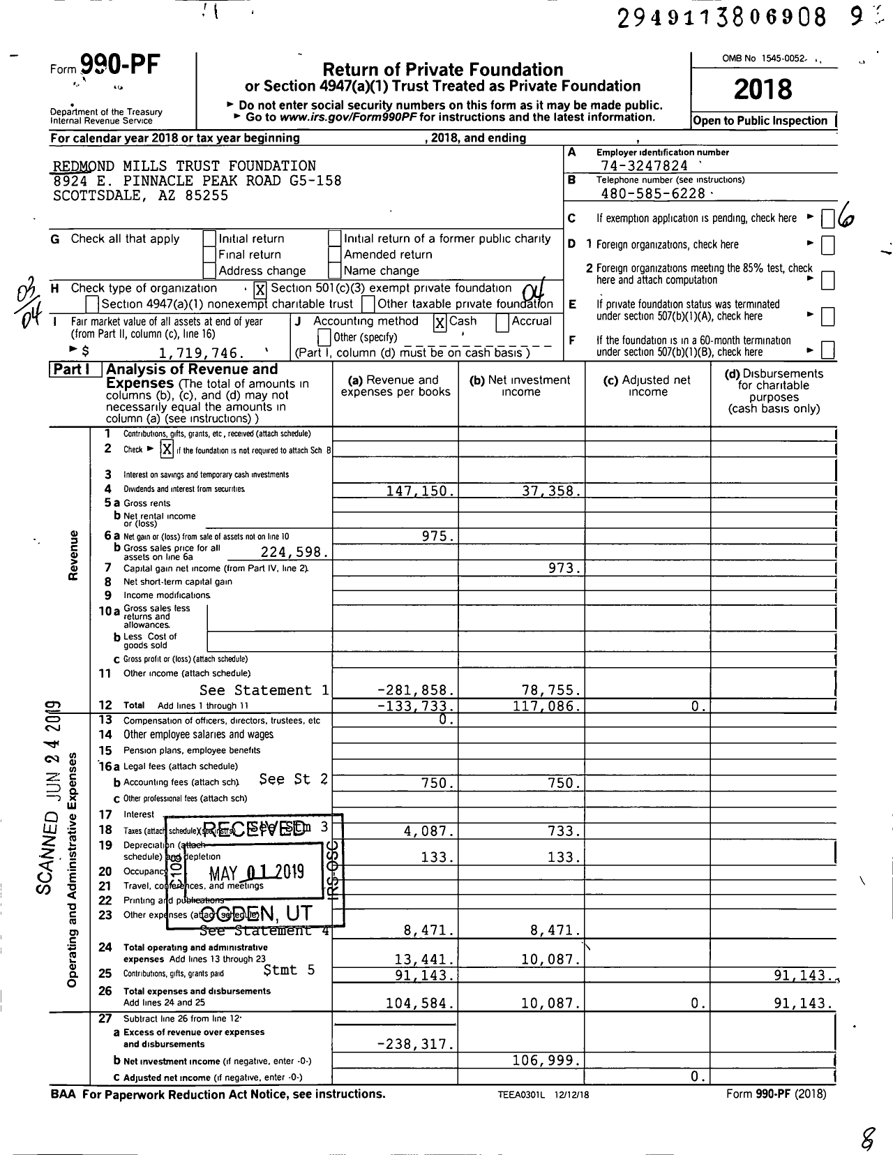 Image of first page of 2018 Form 990PF for Redmond Mills Trust Foundation