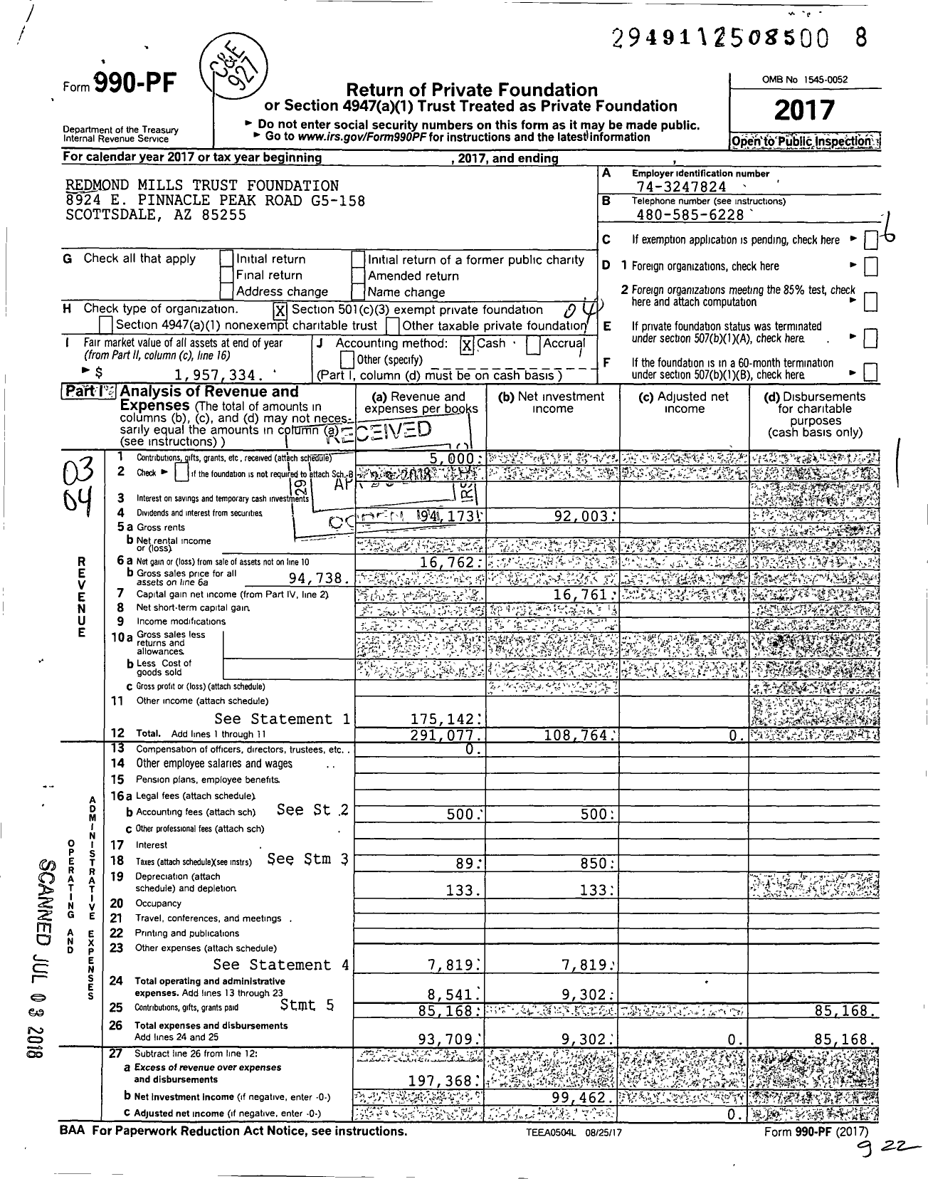 Image of first page of 2017 Form 990PF for Redmond Mills Trust Foundation