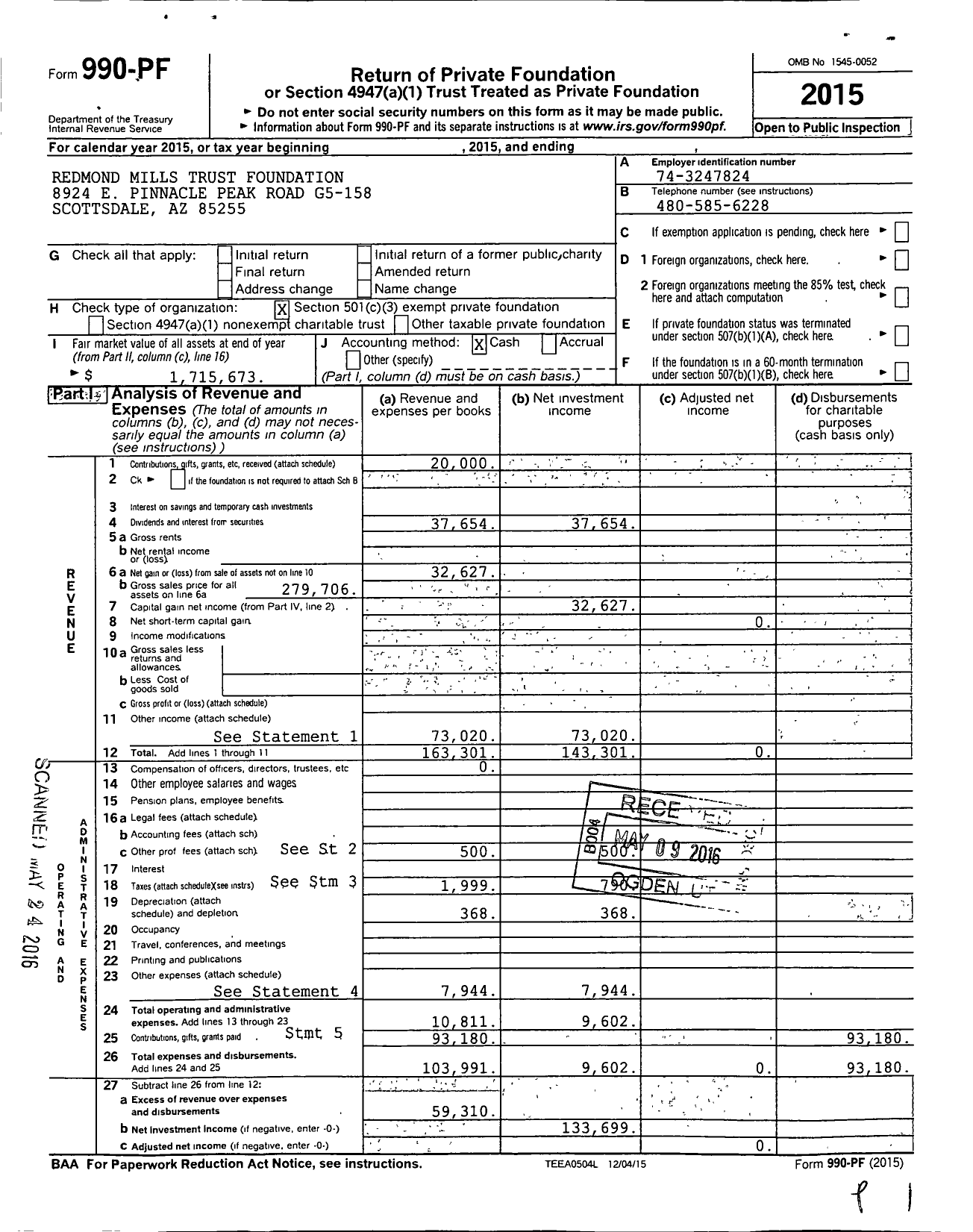 Image of first page of 2015 Form 990PF for Redmond Mills Trust Foundation