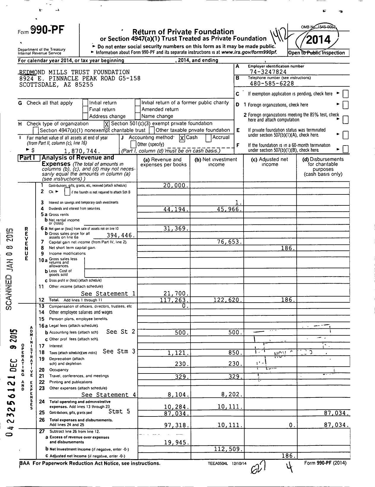 Image of first page of 2014 Form 990PF for Redmond Mills Trust Foundation