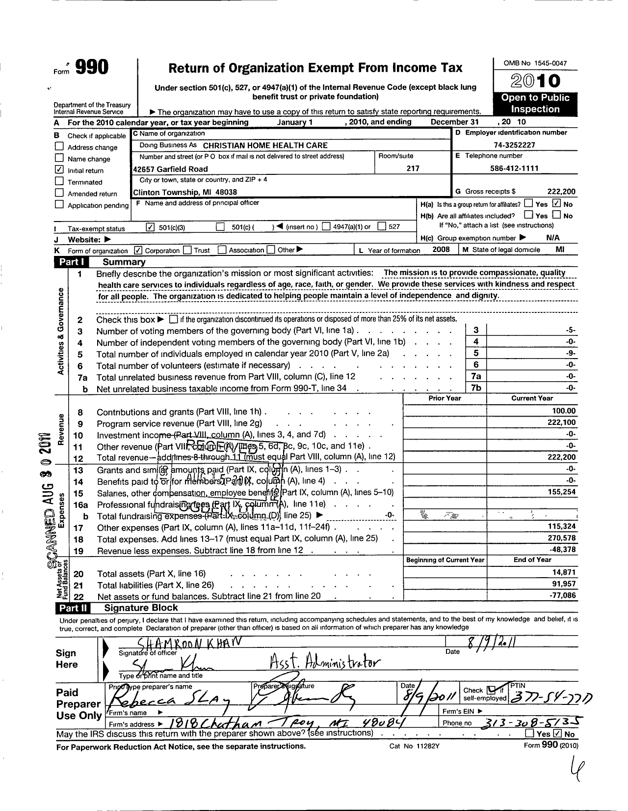 Image of first page of 2010 Form 990 for Christian Home Health Care