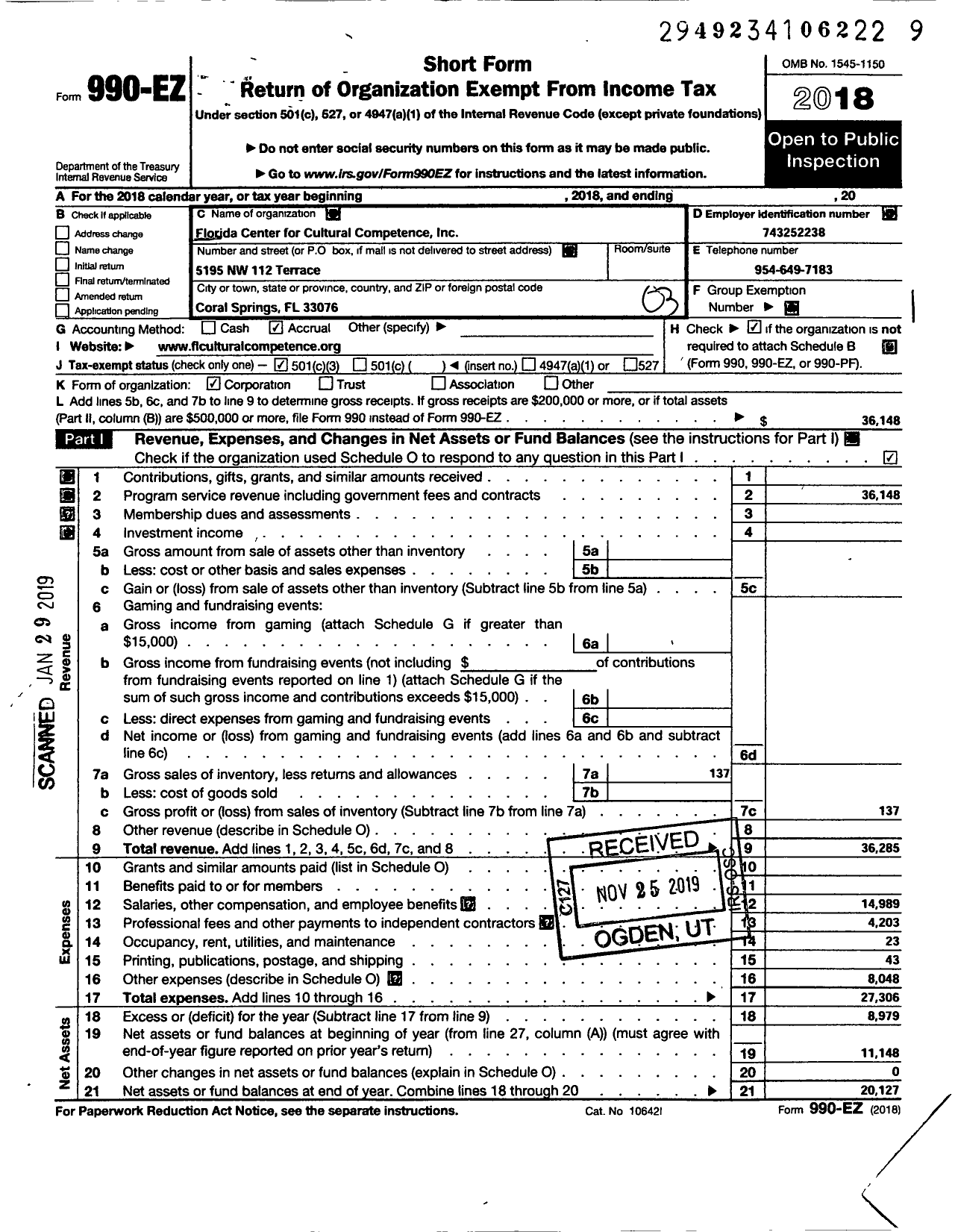 Image of first page of 2018 Form 990EZ for Florida Center for Cultural Competence