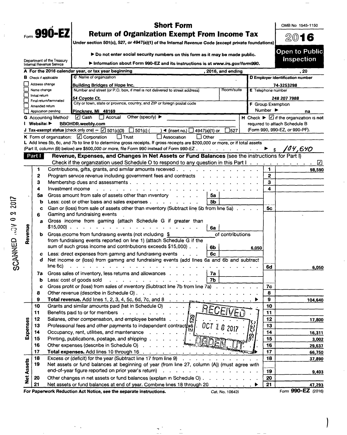 Image of first page of 2016 Form 990EZ for Building Bridges of Hope