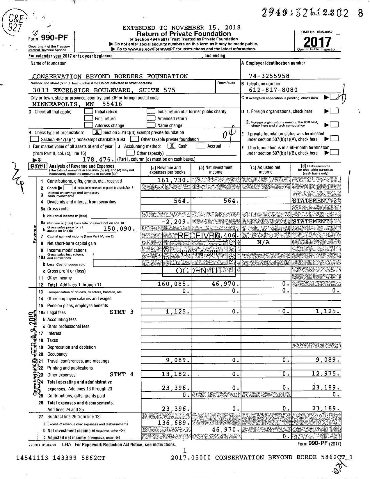 Image of first page of 2017 Form 990PF for Conservation Beyond Borders Foundation