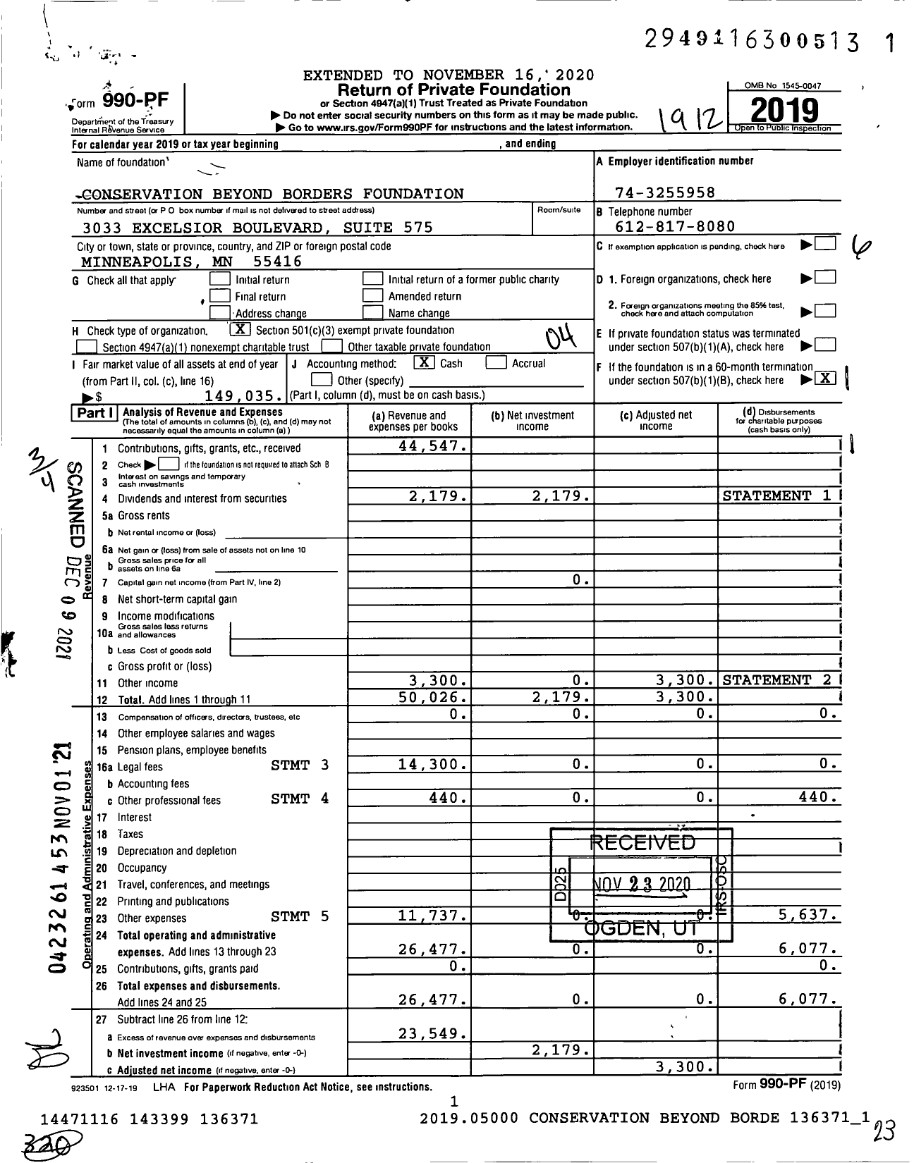 Image of first page of 2019 Form 990PF for Conservation Beyond Borders Foundation