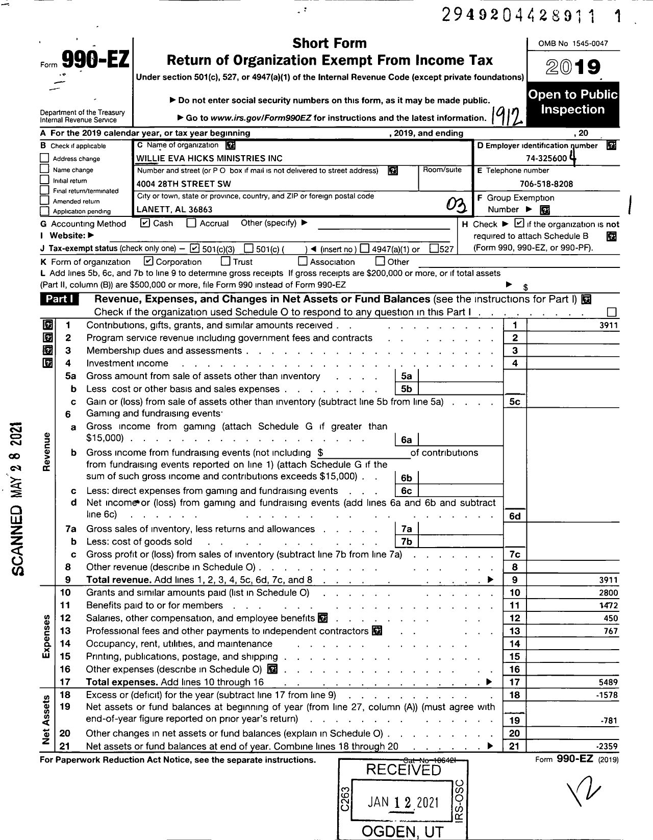 Image of first page of 2019 Form 990EZ for Willie E Hicks Ministries