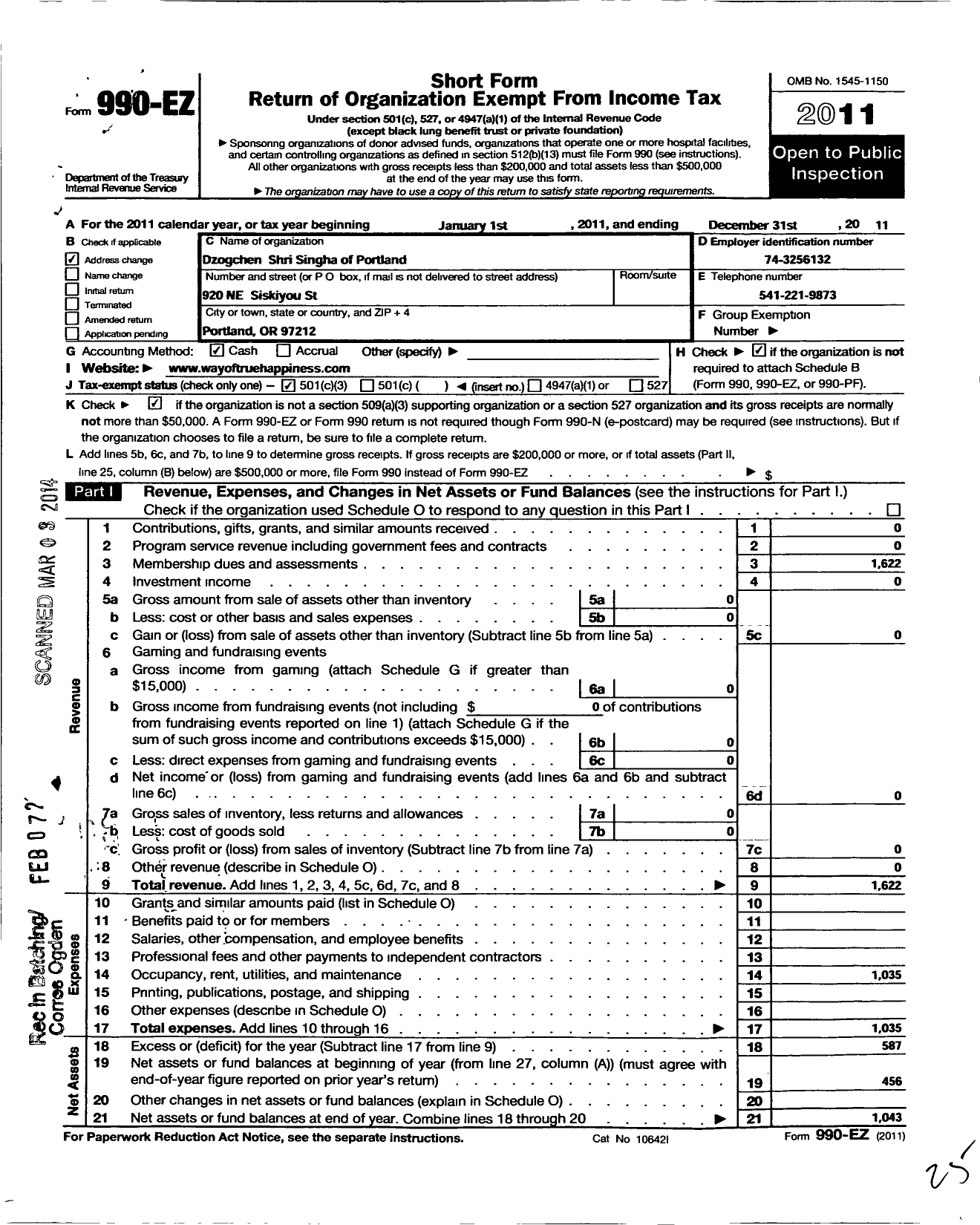 Image of first page of 2011 Form 990EZ for Dzogchen Shri Singha of Portland