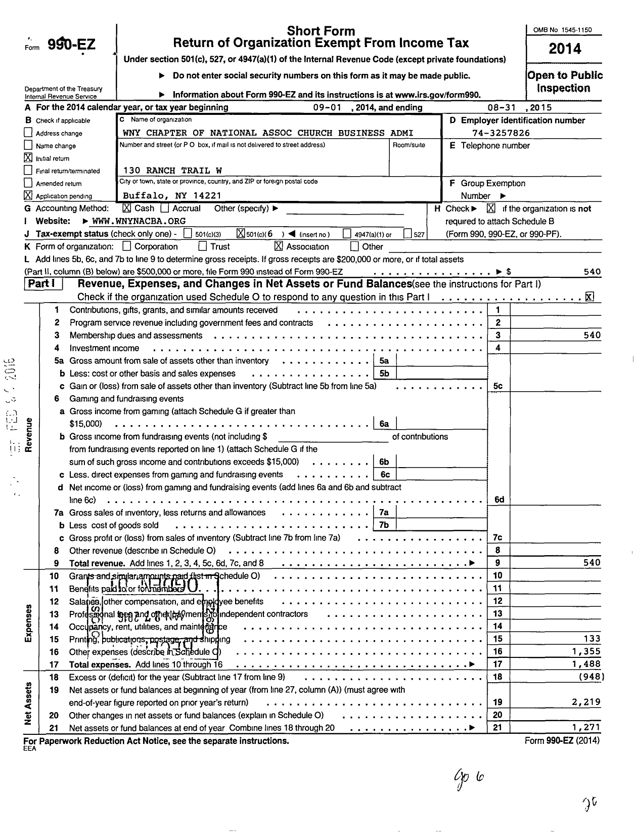 Image of first page of 2014 Form 990EO for Western Ny Chapter of National Association of Church Business