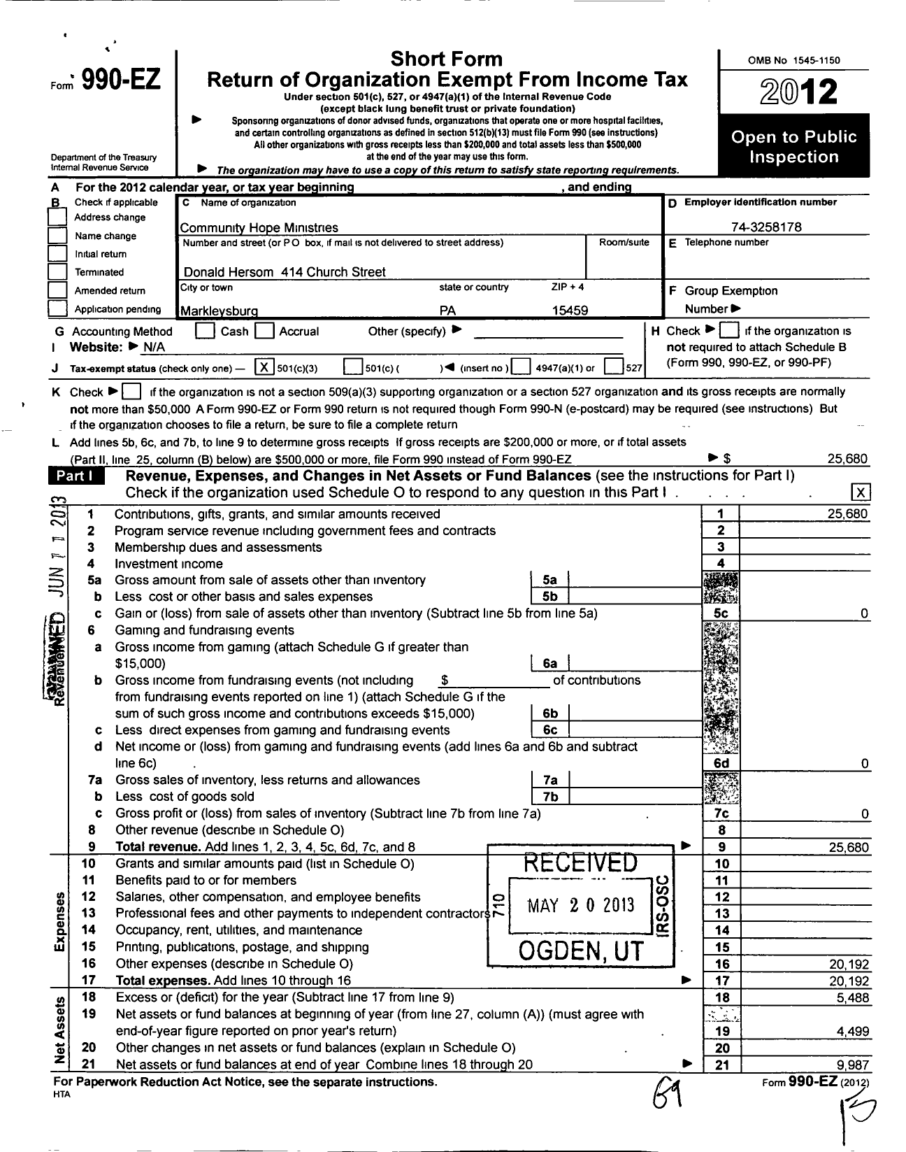 Image of first page of 2012 Form 990EZ for Community Hope Ministries