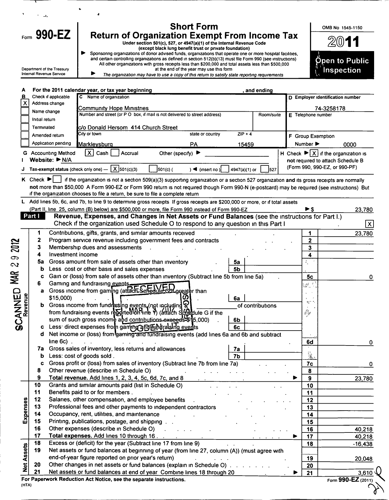 Image of first page of 2011 Form 990EZ for Community Hope Ministries