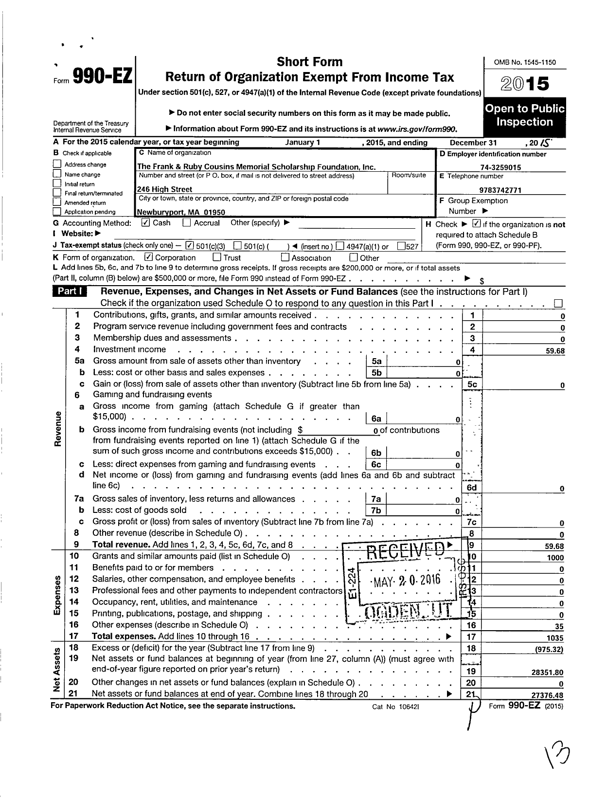 Image of first page of 2015 Form 990EZ for Frank and Ruby Cousins Memorial Scholarship Foundation