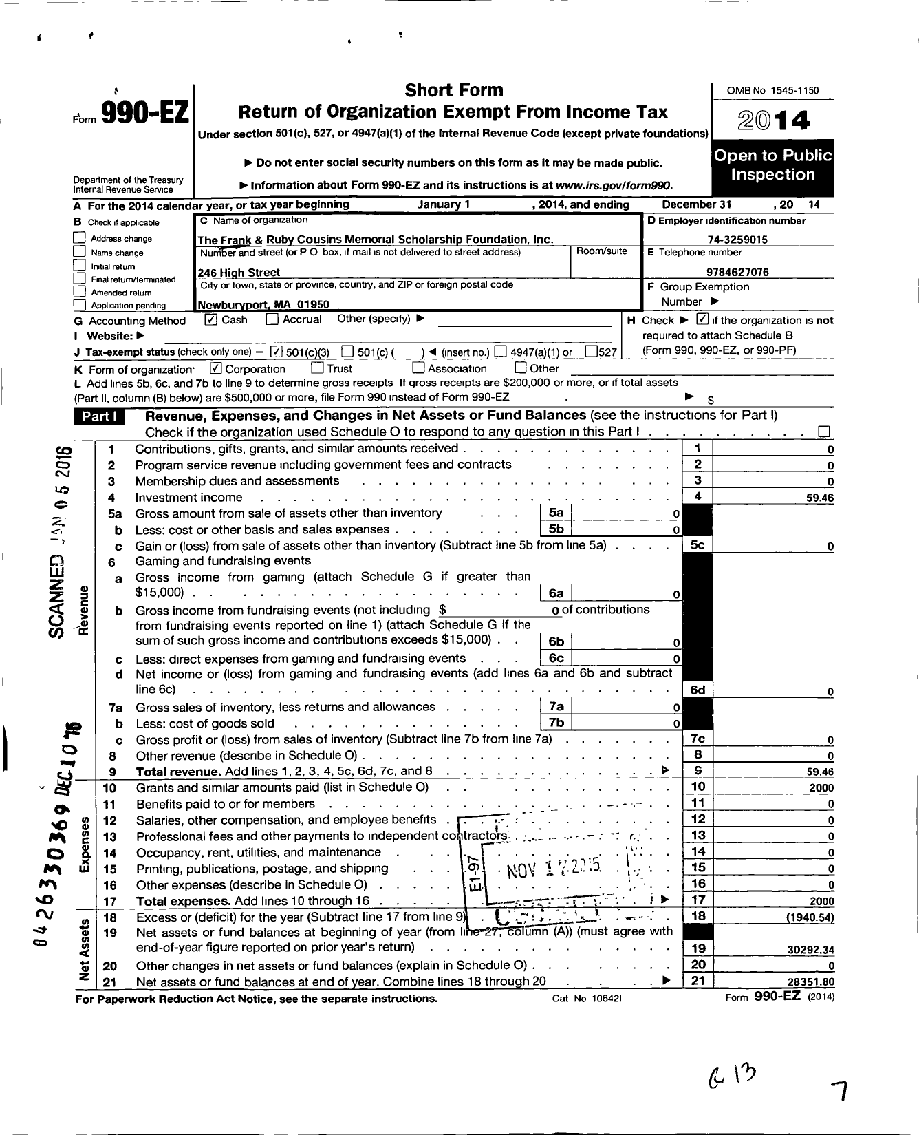 Image of first page of 2014 Form 990EZ for Frank and Ruby Cousins Memorial Scholarship Foundation