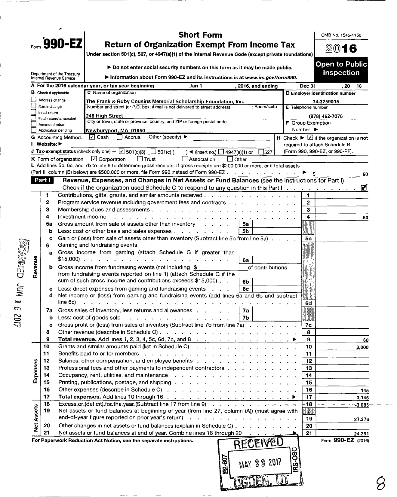 Image of first page of 2016 Form 990EZ for Frank and Ruby Cousins Memorial Scholarship Foundation