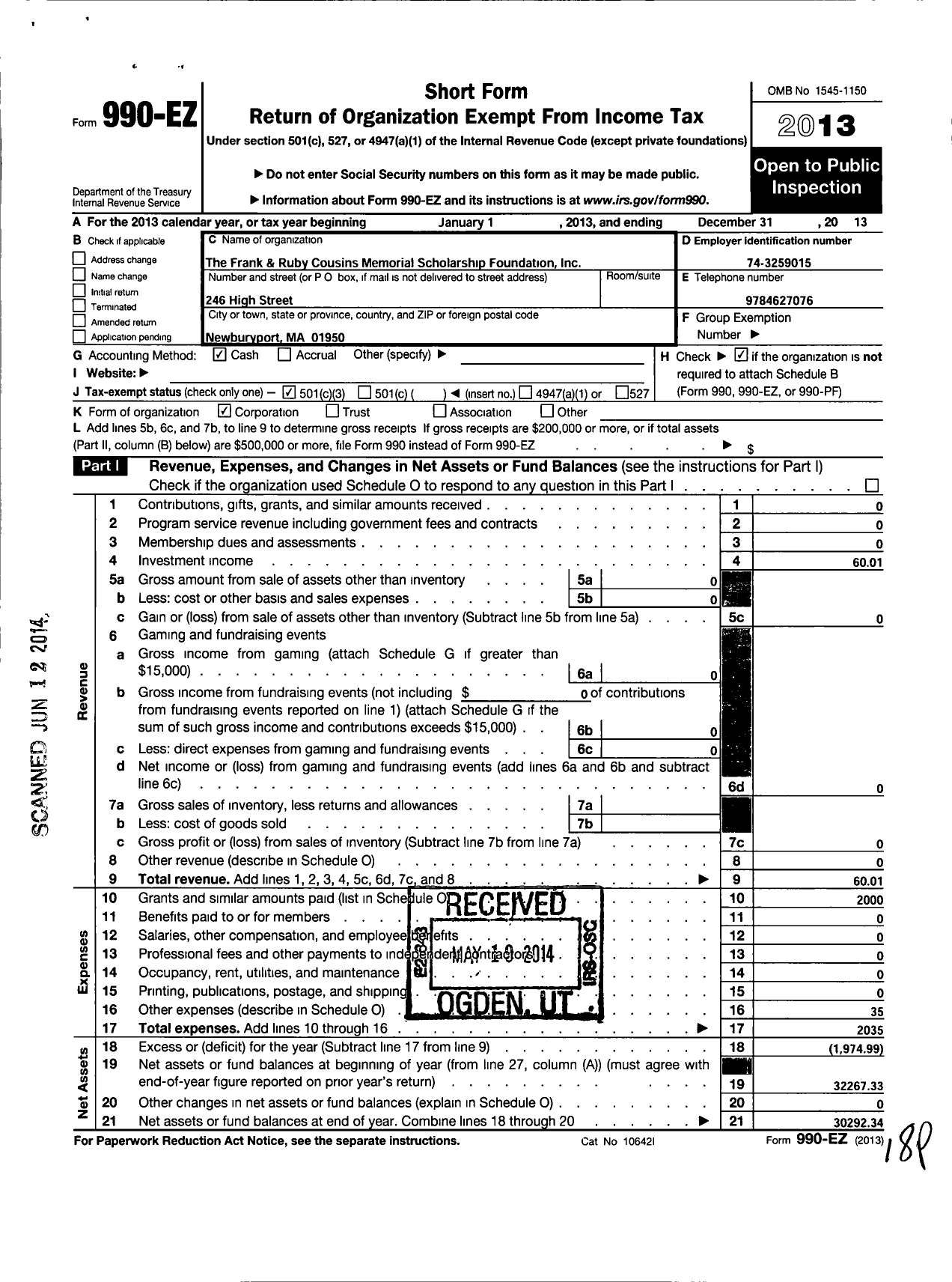 Image of first page of 2013 Form 990EZ for Frank and Ruby Cousins Memorial Scholarship Foundation