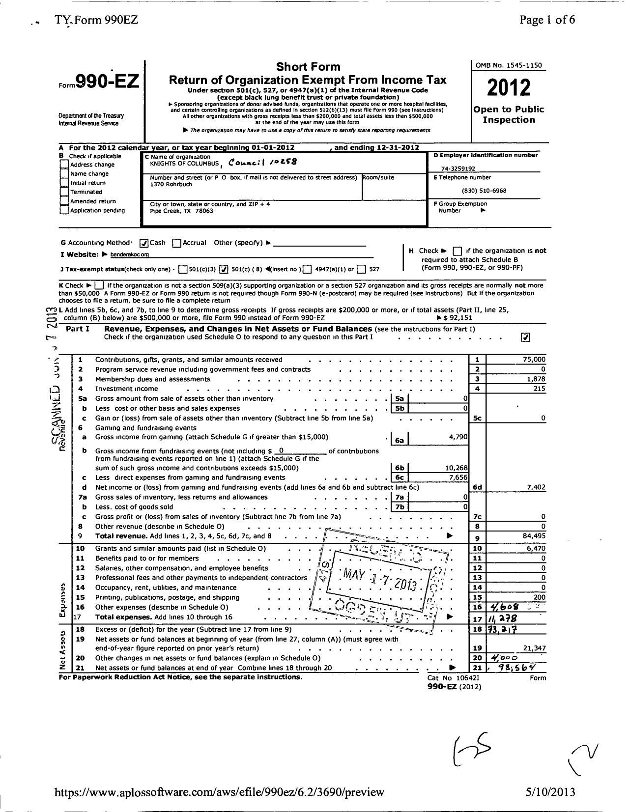 Image of first page of 2012 Form 990EO for Knights of Columbus - 10258 Bandera Council