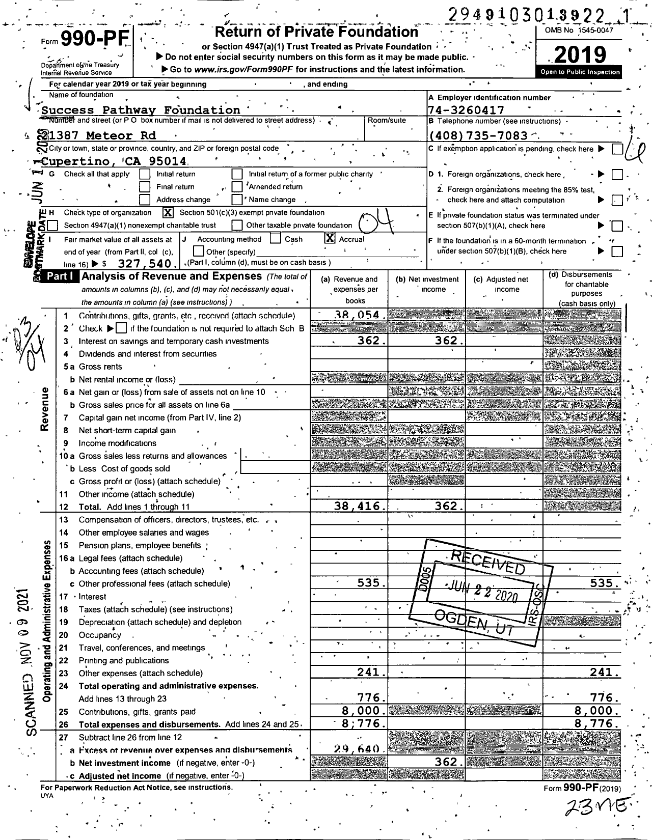 Image of first page of 2019 Form 990PF for Success Pathway Foundation