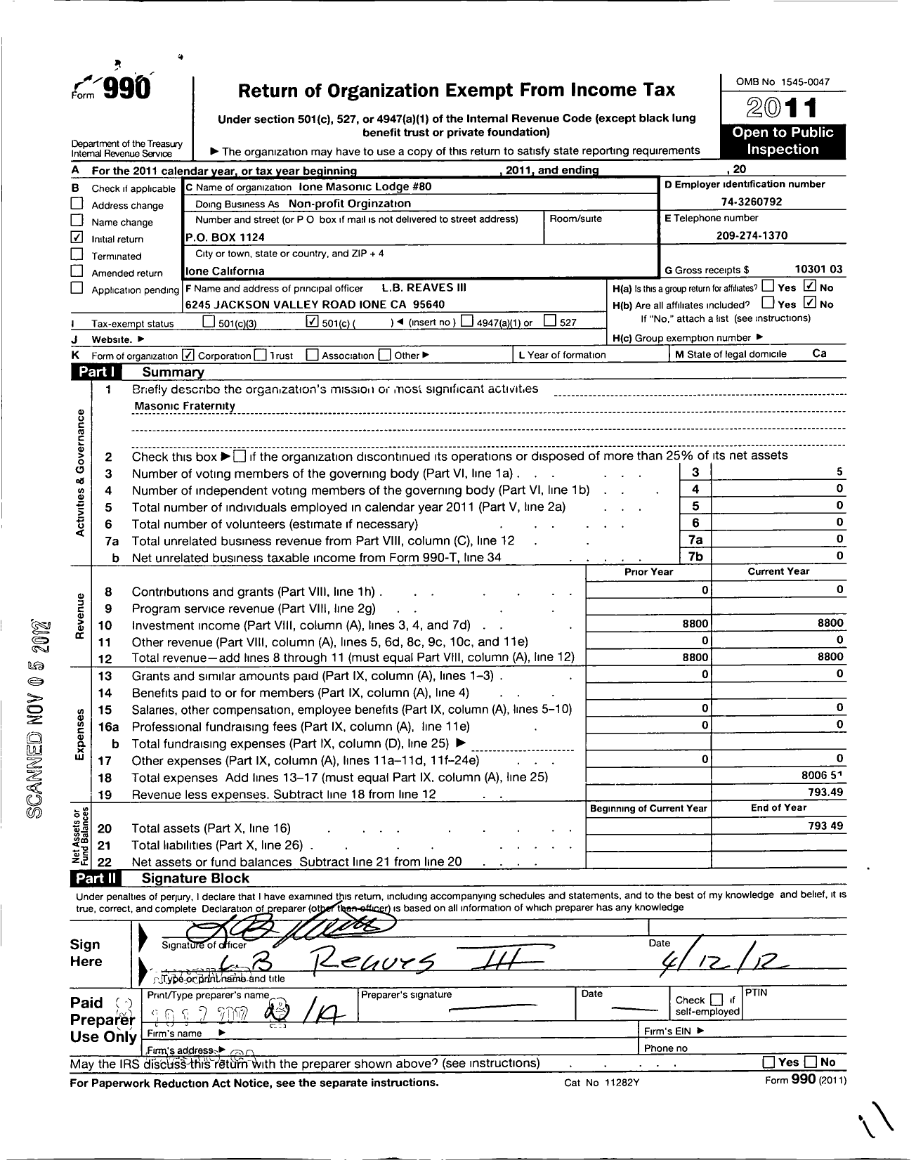 Image of first page of 2011 Form 990O for Ione Masonic Temple Association