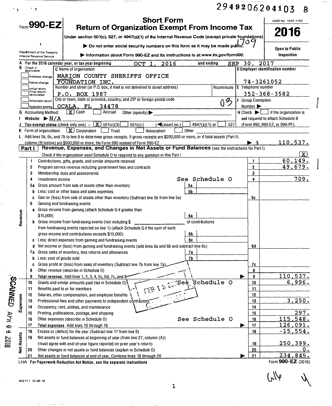 Image of first page of 2016 Form 990EZ for Marion County Sheriff's Office Foundation