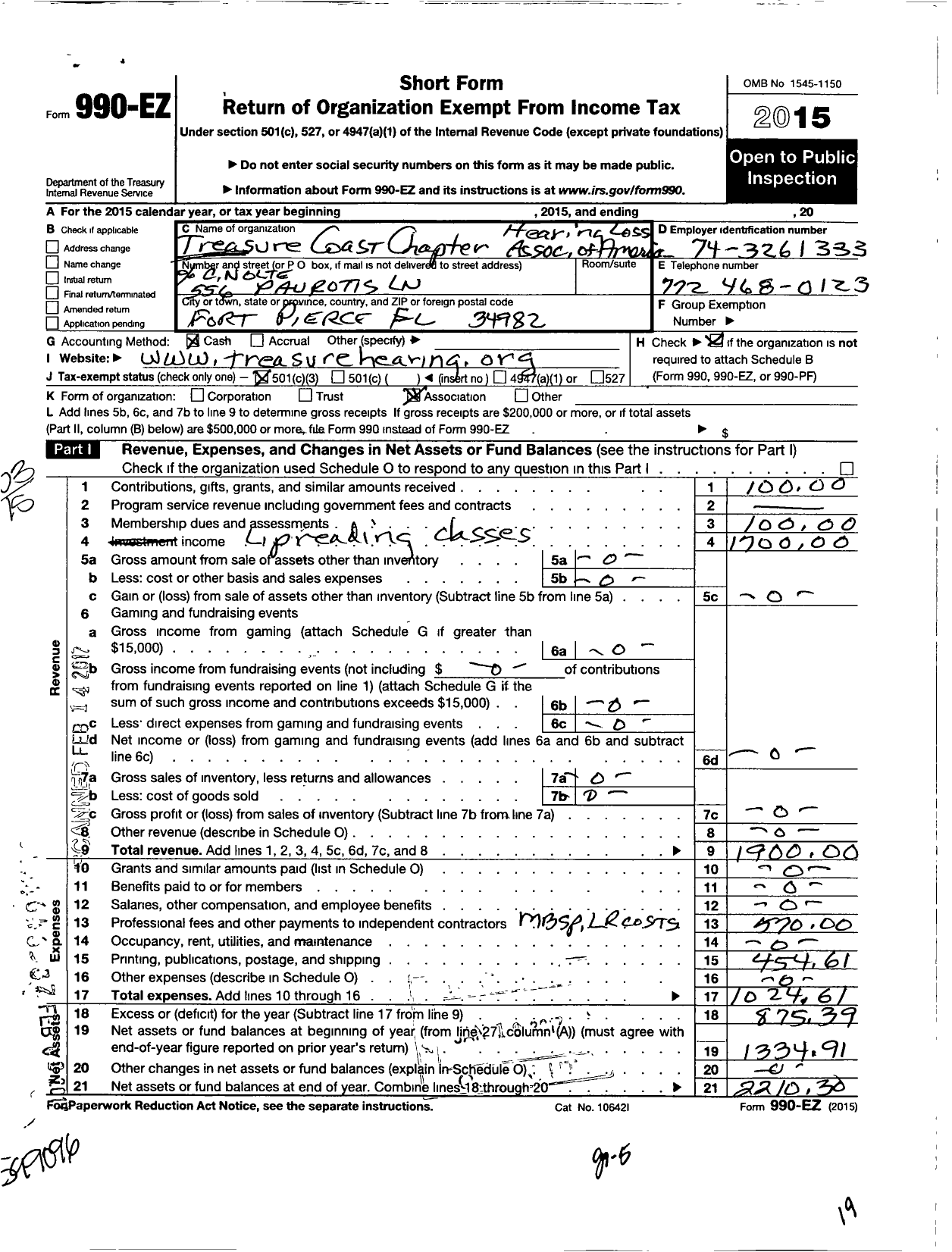 Image of first page of 2015 Form 990EZ for Hearing Loss Association of America / Treasure Coast Chapter