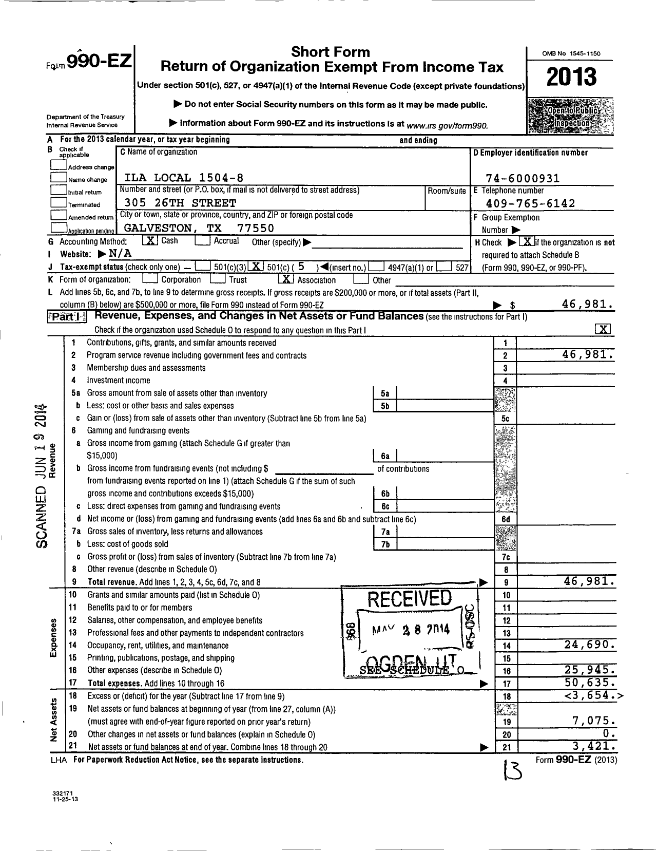 Image of first page of 2013 Form 990EO for International Longshoremen's Association - 1504-8 Ila