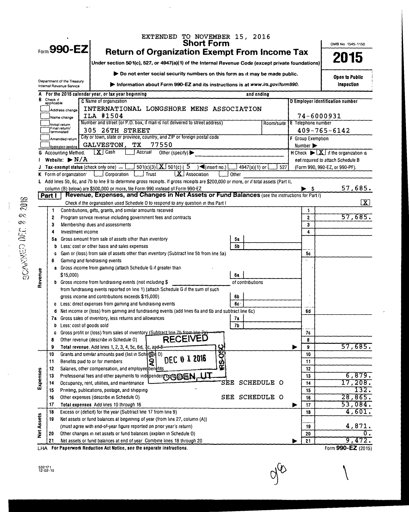 Image of first page of 2015 Form 990EO for International Longshoremen's Association - 1504-8 Ila