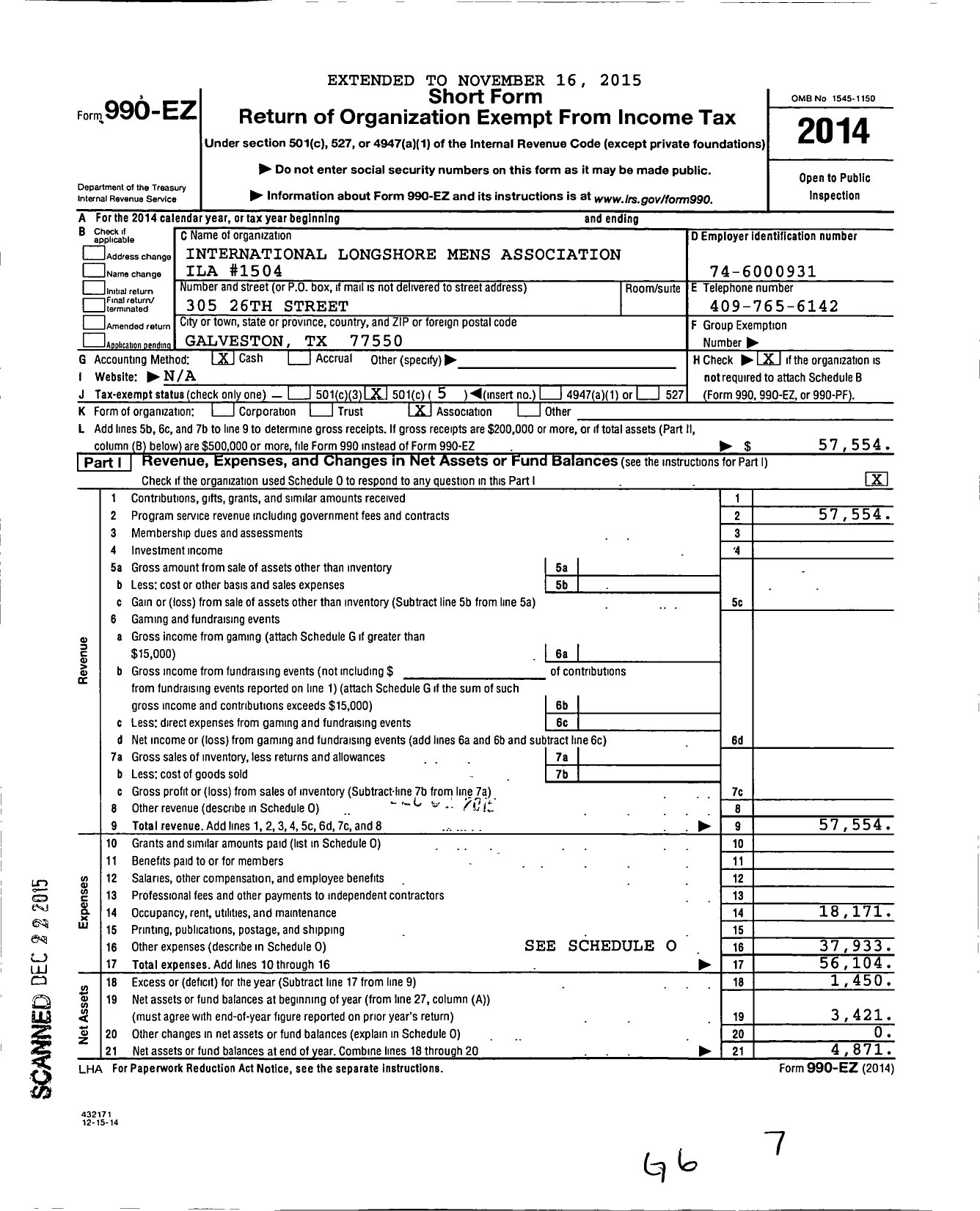 Image of first page of 2014 Form 990EO for International Longshoremen's Association - 1504-8 Ila