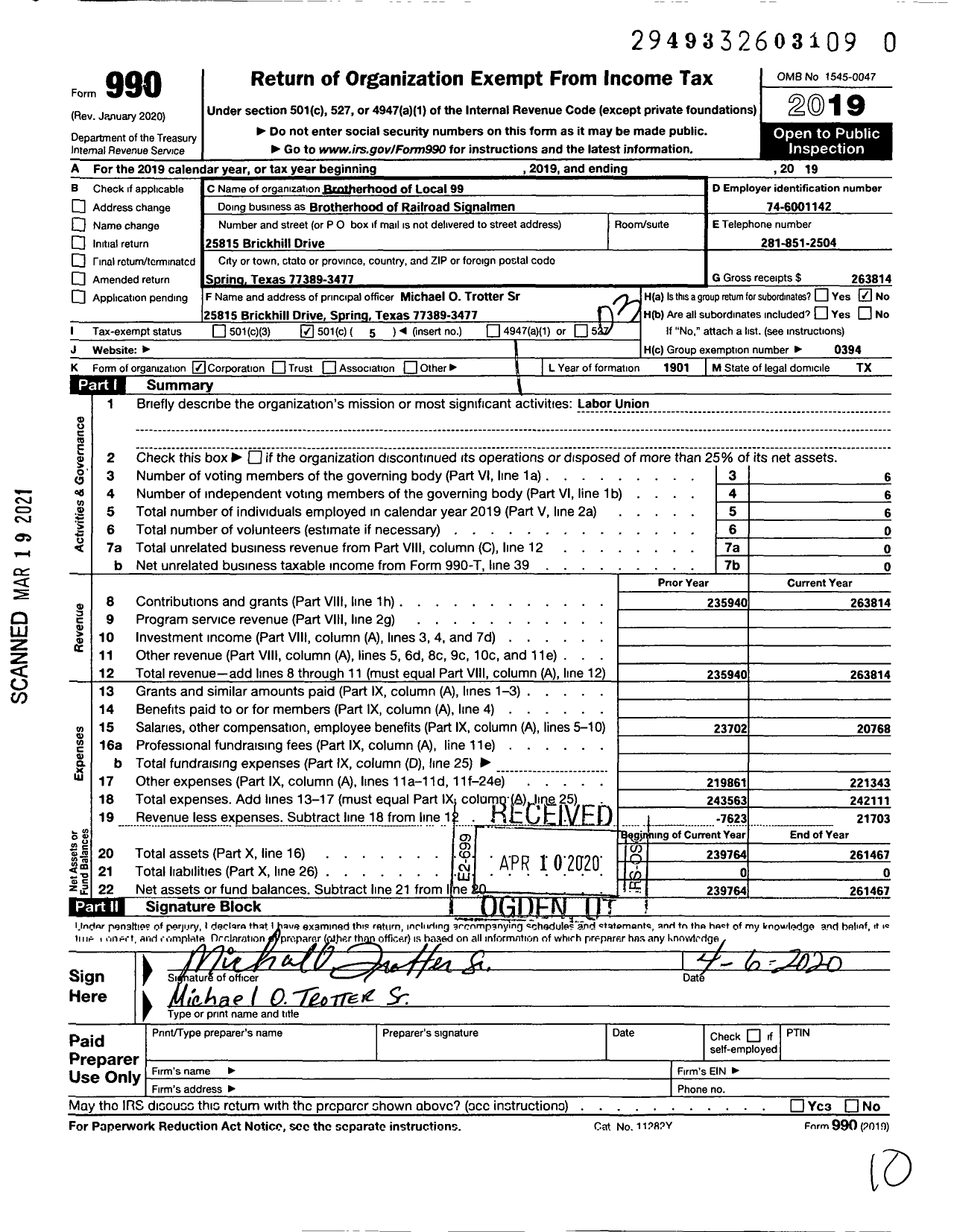 Image of first page of 2019 Form 990 for Brotherhood of Railroad Signalmen - 99 Gulf Coast Local