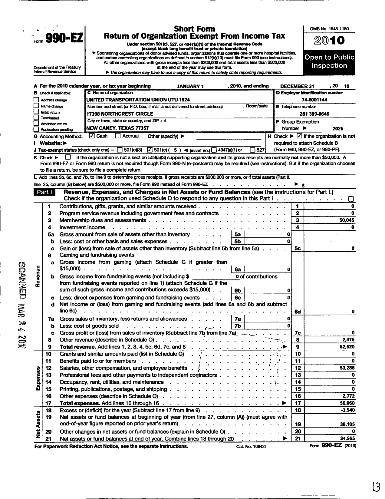 Image of first page of 2010 Form 990EO for Smart Union - 1524 Utu Local