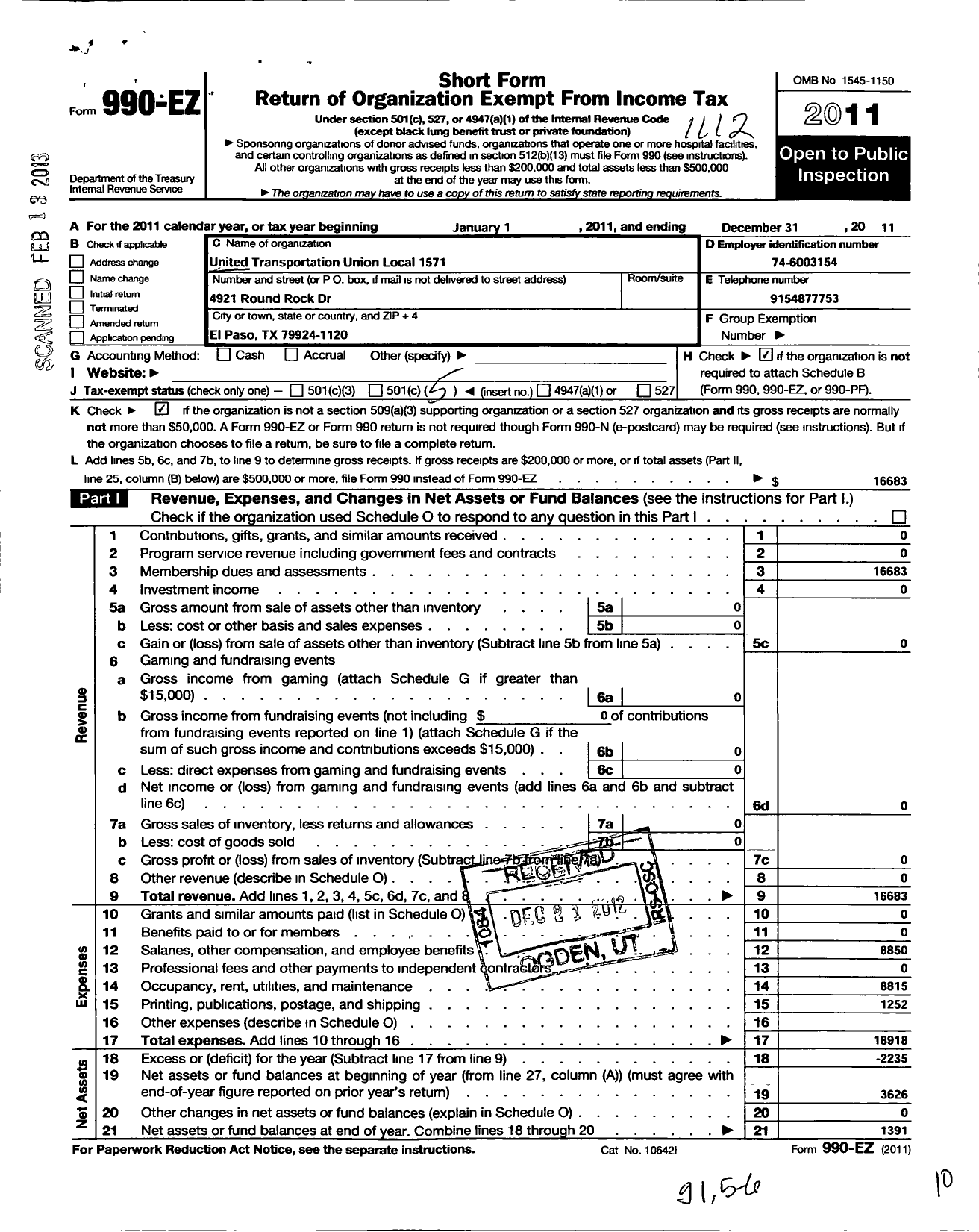 Image of first page of 2011 Form 990EO for Smart Union - Utu Local 1571