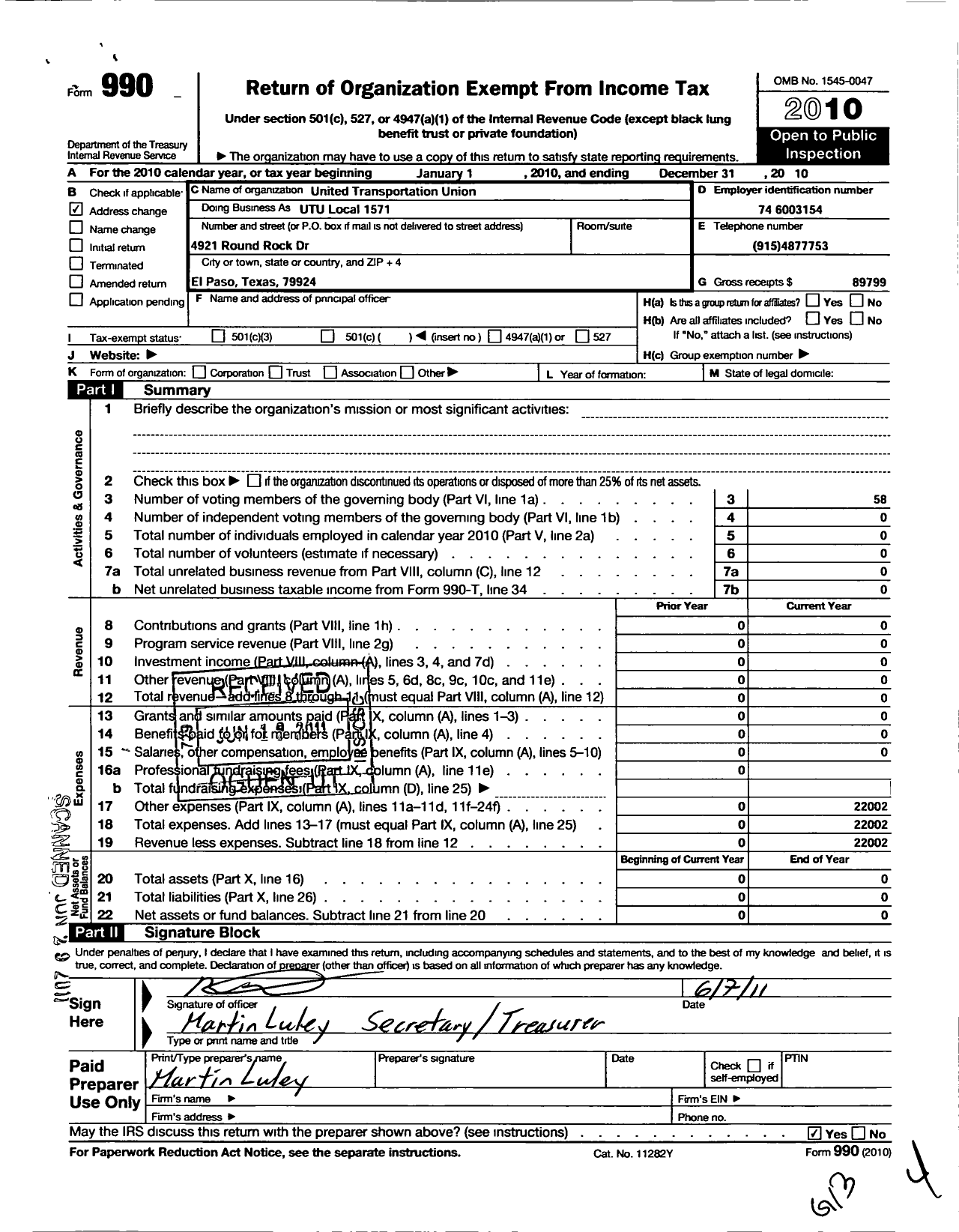 Image of first page of 2010 Form 990O for Smart Union - Utu Local 1571