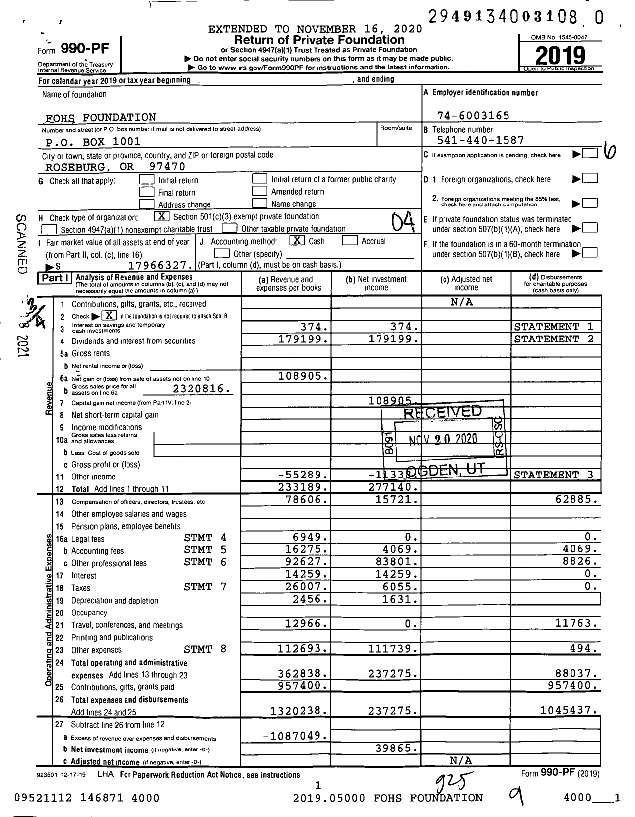 Image of first page of 2019 Form 990PF for Fohs Foundation