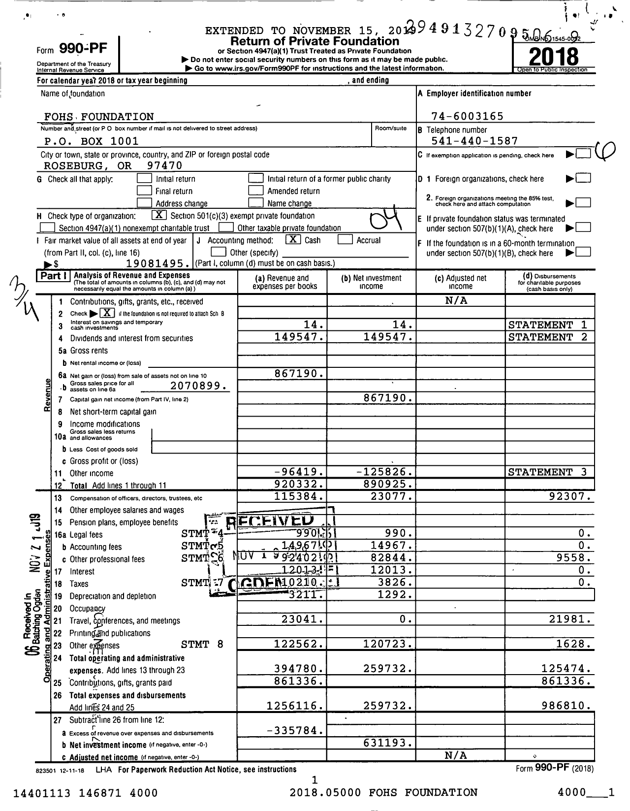 Image of first page of 2018 Form 990PF for Fohs Foundation