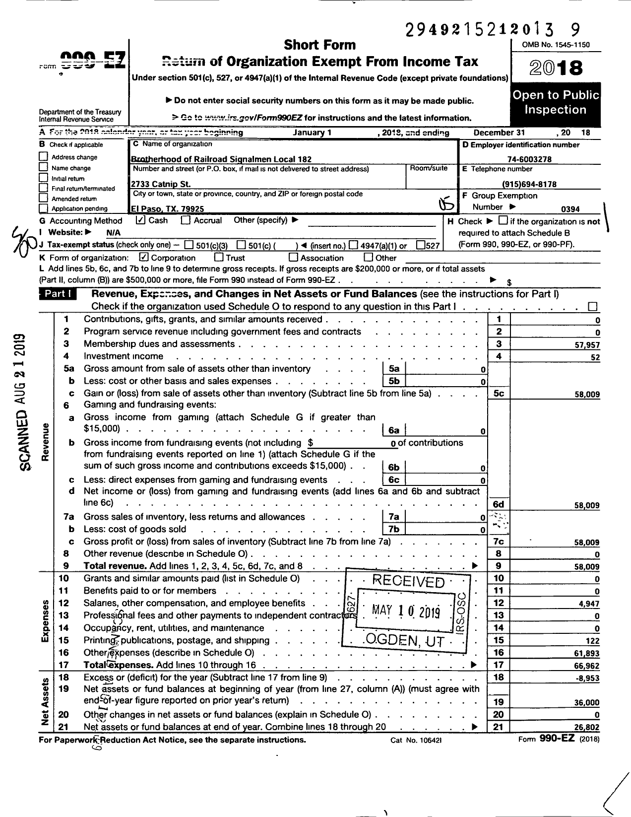 Image of first page of 2018 Form 990EO for Brotherhood of Railroad Signalmen - 182 El Paso Local