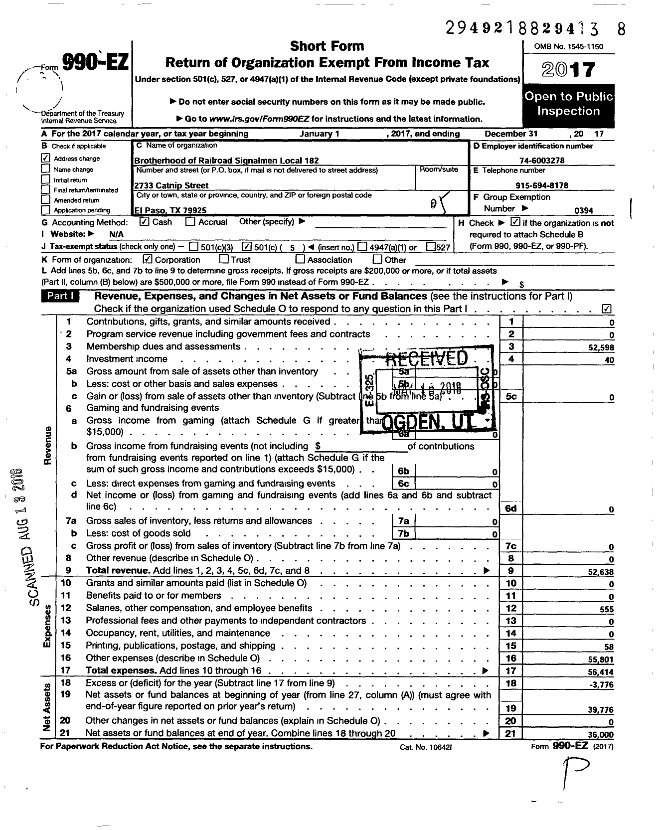 Image of first page of 2017 Form 990EO for Brotherhood of Railroad Signalmen - 182 El Paso Local