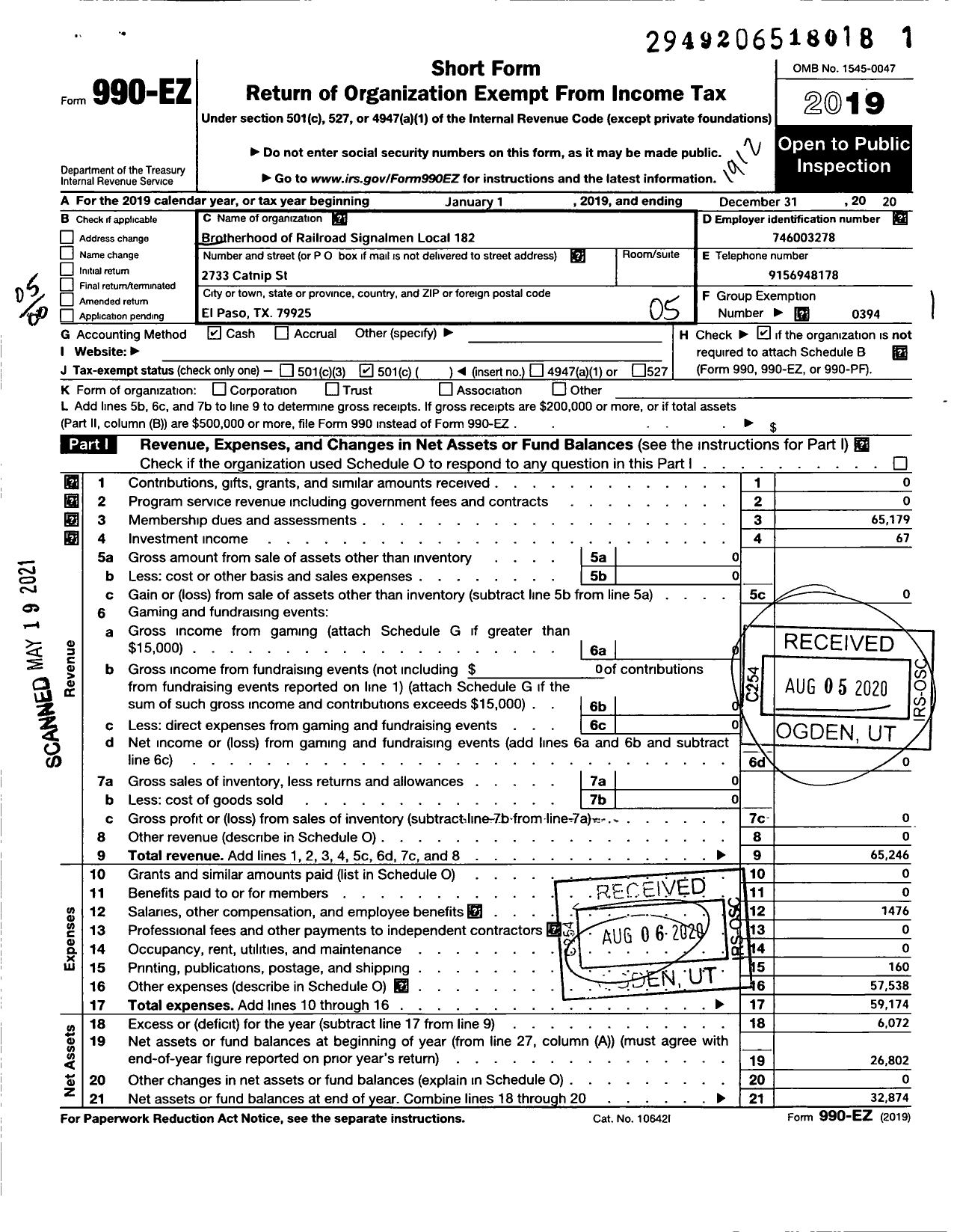 Image of first page of 2019 Form 990EO for Brotherhood of Railroad Signalmen - 182 El Paso Local