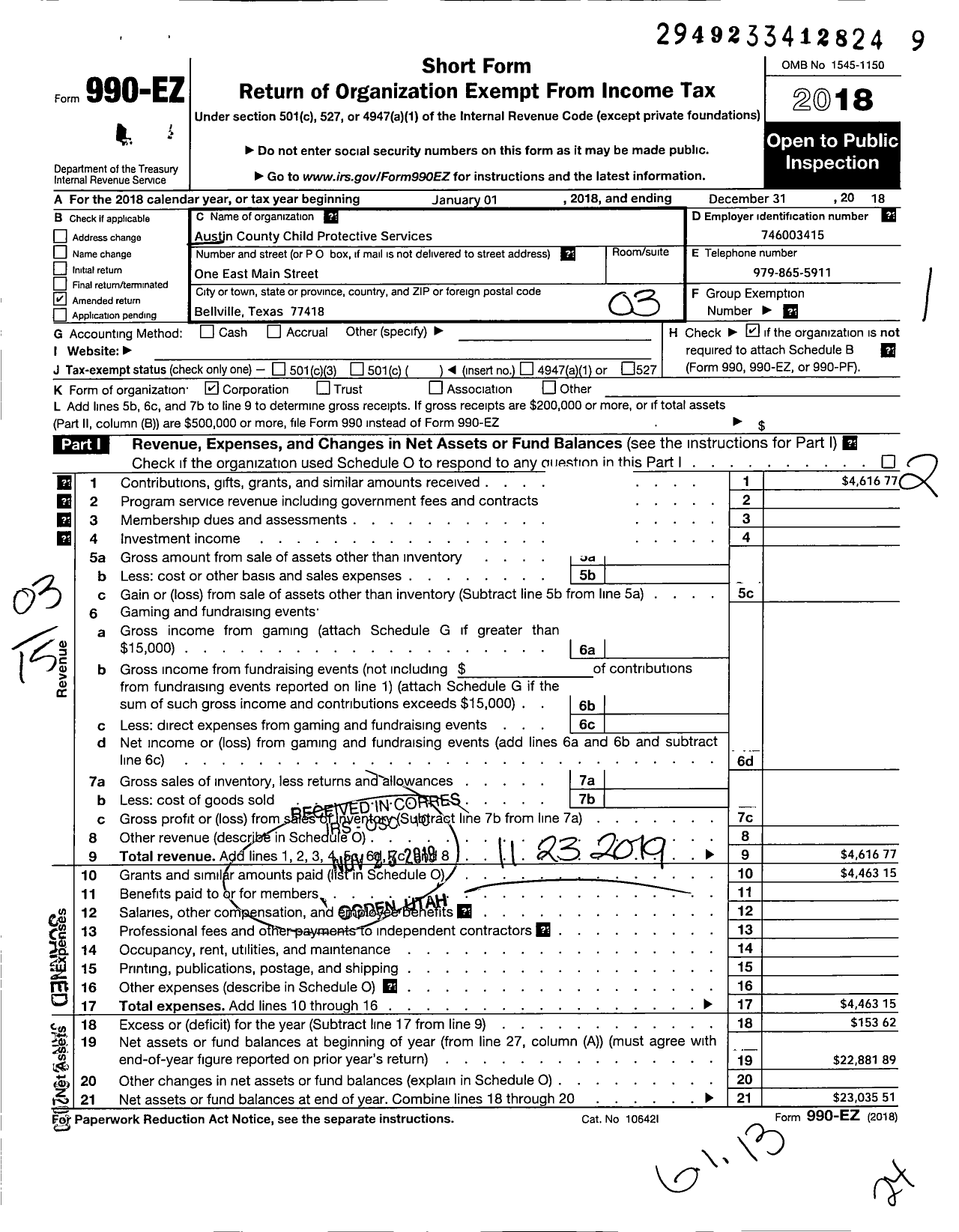 Image of first page of 2018 Form 990EZ for Austin County Child Protective Services Board