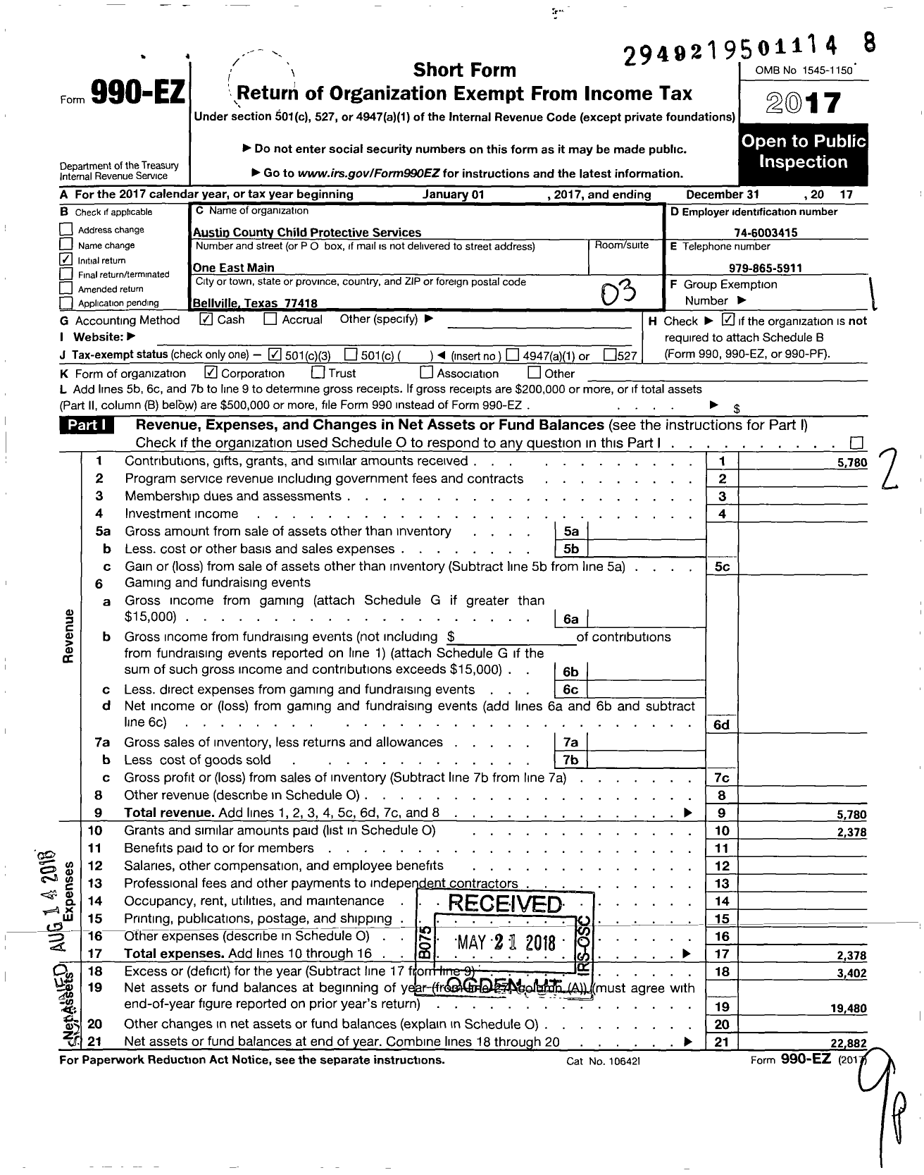 Image of first page of 2017 Form 990EZ for Austin County Child Protective Services Board