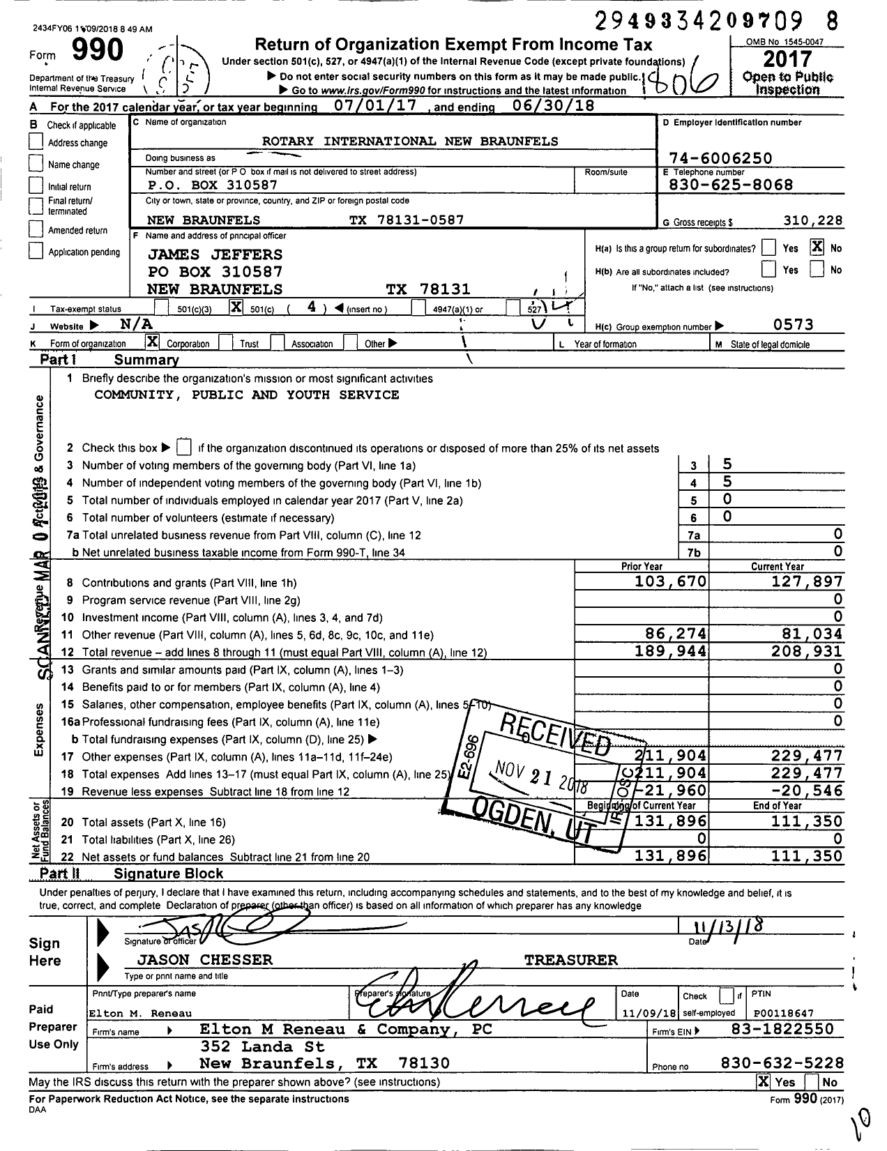 Image of first page of 2017 Form 990O for Rotary International - New Braunfels
