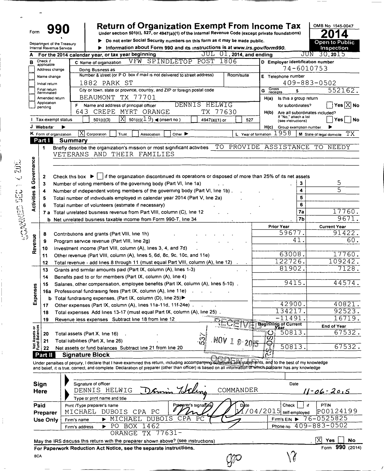 Image of first page of 2014 Form 990O for Veterans of Foreign Wars of the United States Dept of Texas / 1806 Spindletop