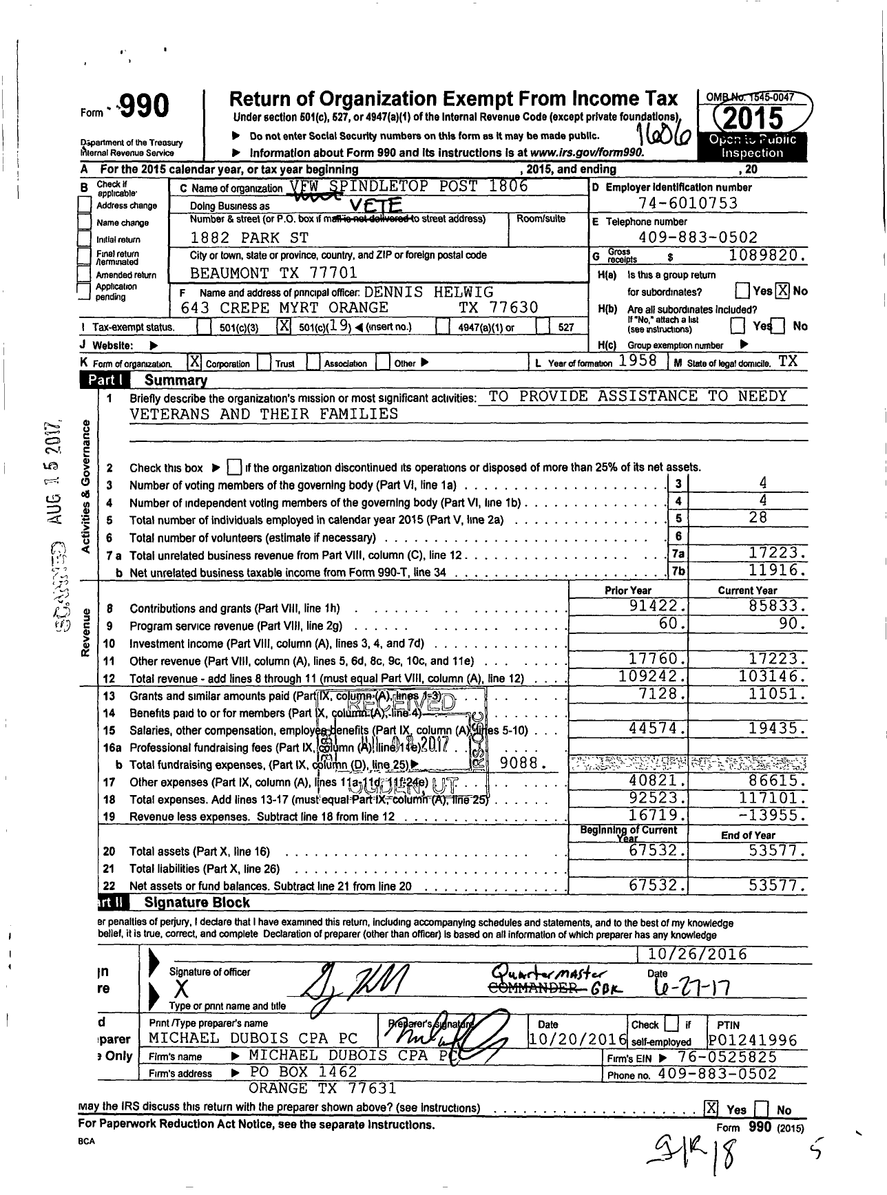 Image of first page of 2015 Form 990O for Veterans of Foreign Wars of the United States Dept of Texas / 1806 Spindletop