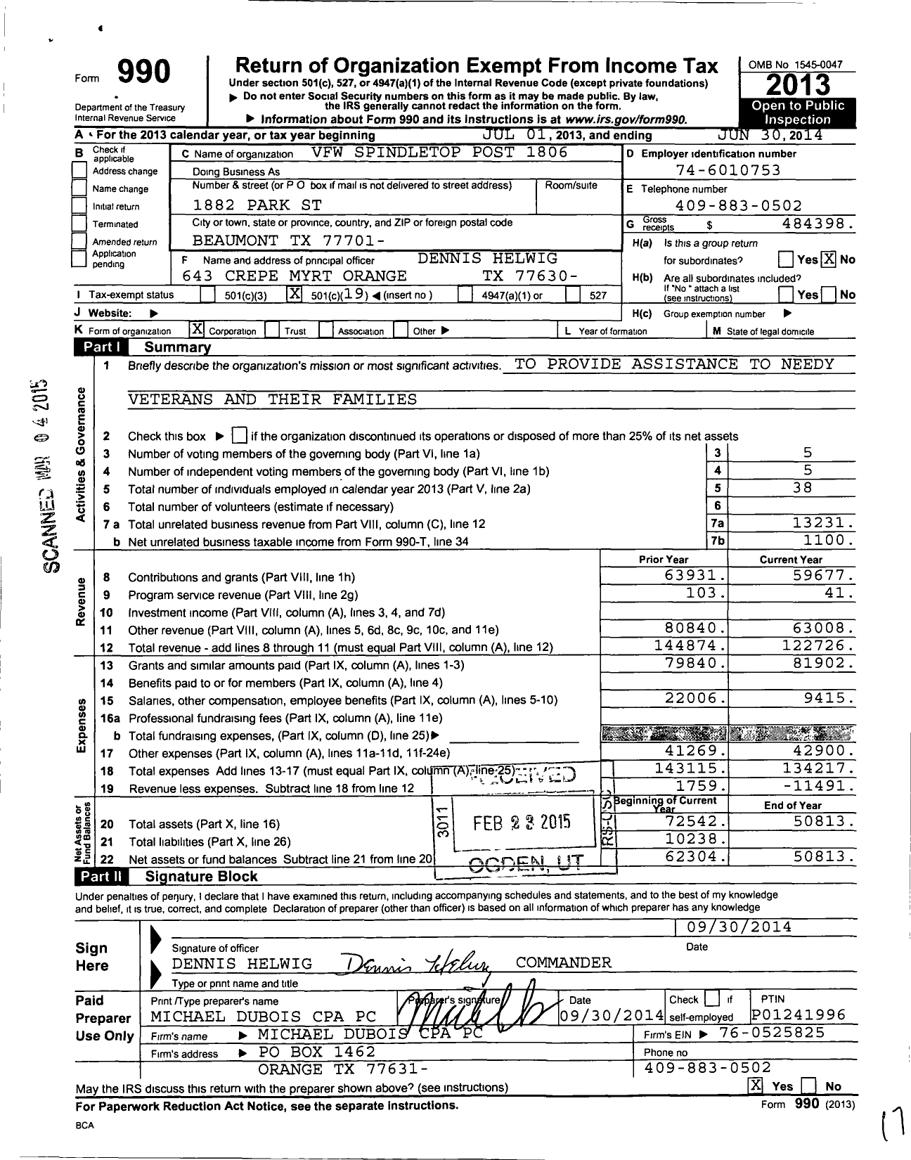 Image of first page of 2013 Form 990O for Veterans of Foreign Wars of the United States Dept of Texas / 1806 Spindletop