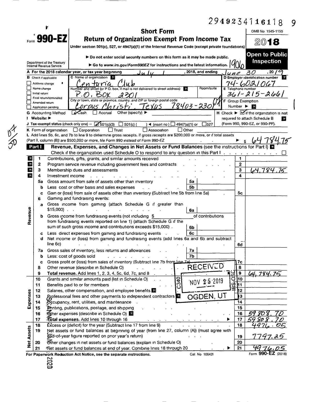Image of first page of 2018 Form 990EO for Centuria Club