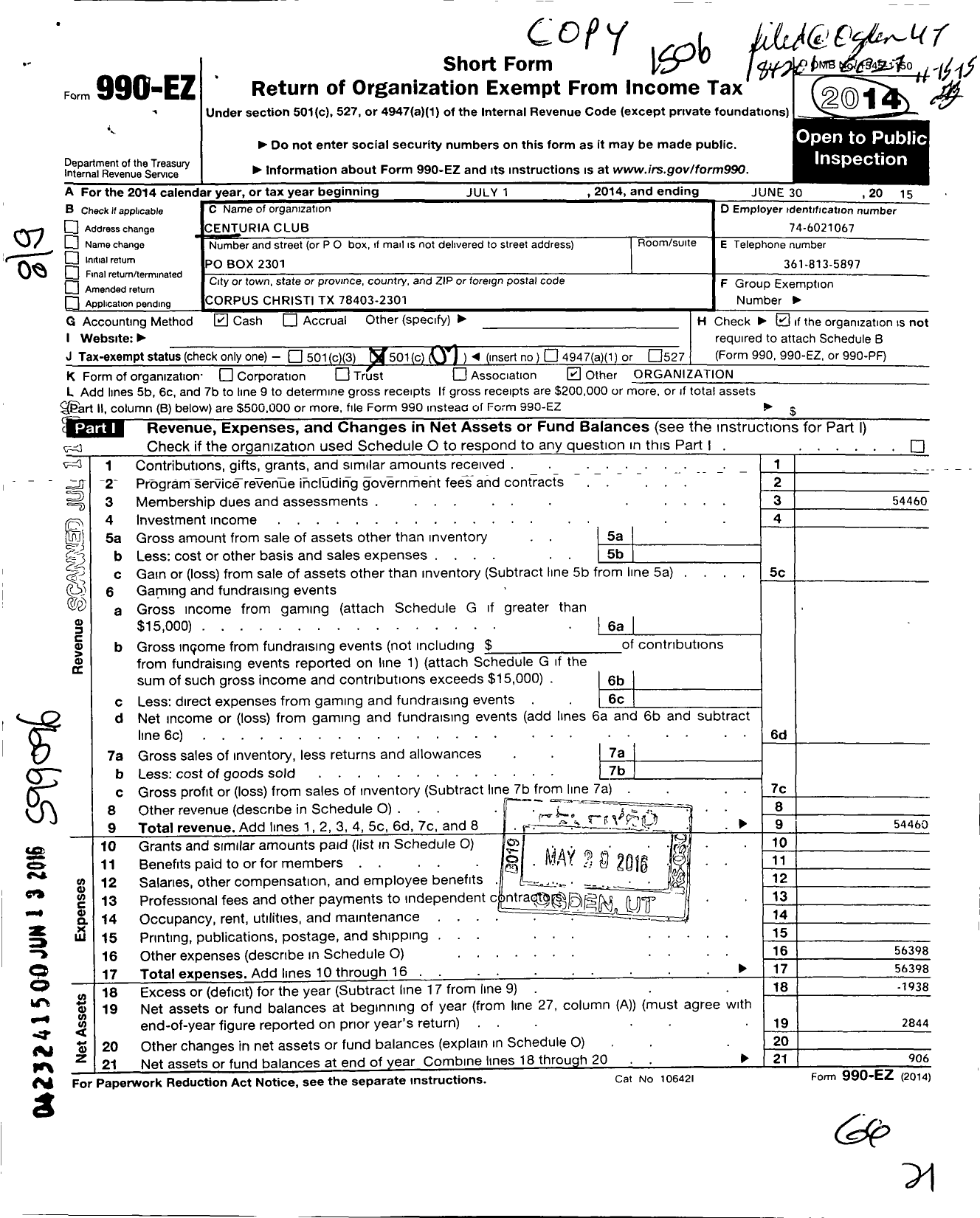 Image of first page of 2014 Form 990EO for Centuria Club