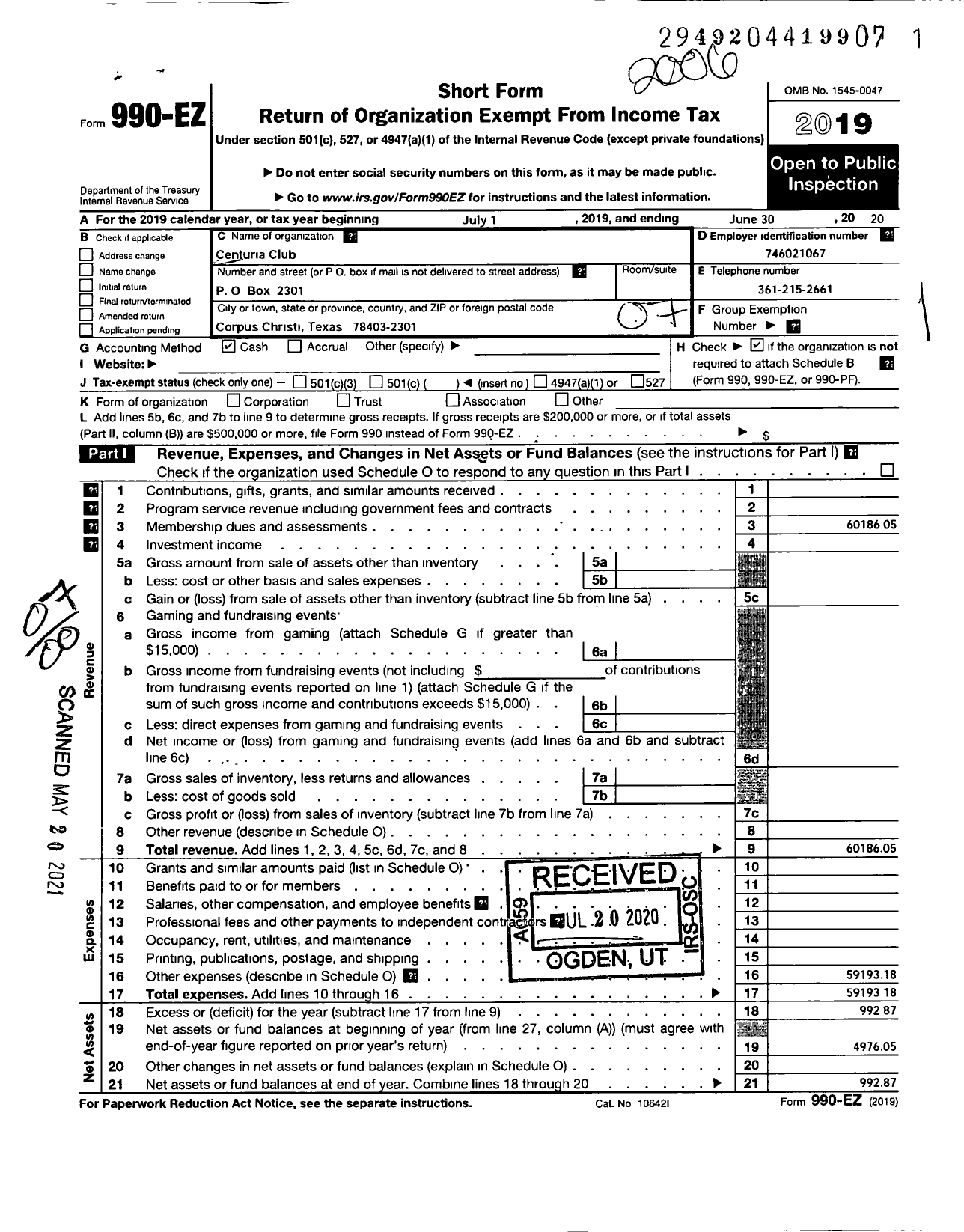 Image of first page of 2019 Form 990EO for Centuria Club