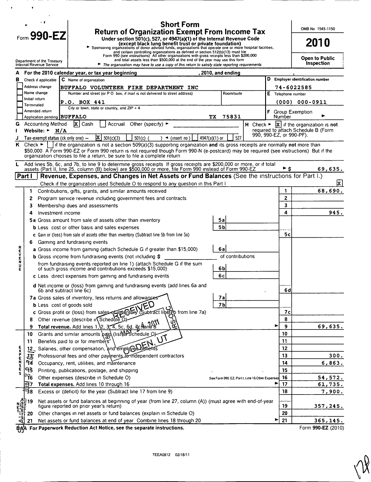 Image of first page of 2010 Form 990EZ for Buffalo Volunteer Fire Department